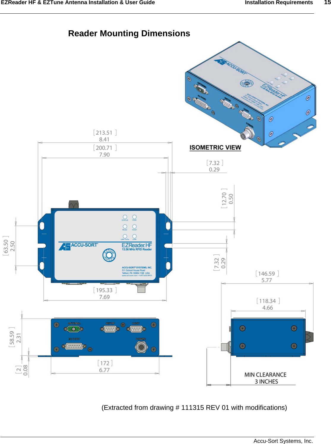 EZReader HF &amp; EZTune Antenna Installation &amp; User Guide  Installation Requirements  15   Accu-Sort Systems, Inc. Reader Mounting Dimensions            (Extracted from drawing # 111315 REV 01 with modifications) 