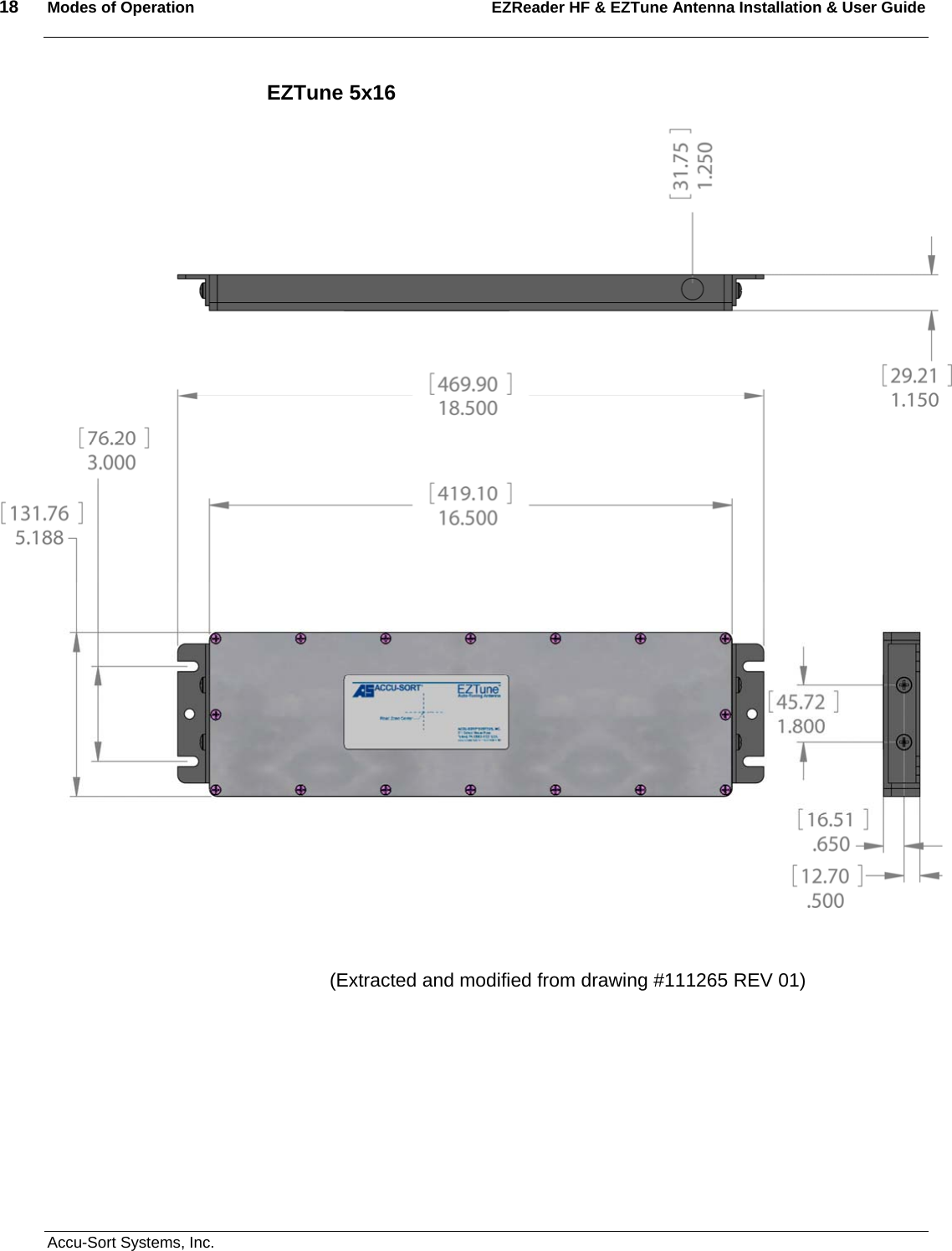 18  Modes of Operation EZReader HF &amp; EZTune Antenna Installation &amp; User Guide   Accu-Sort Systems, Inc. EZTune 5x16   (Extracted and modified from drawing #111265 REV 01)    