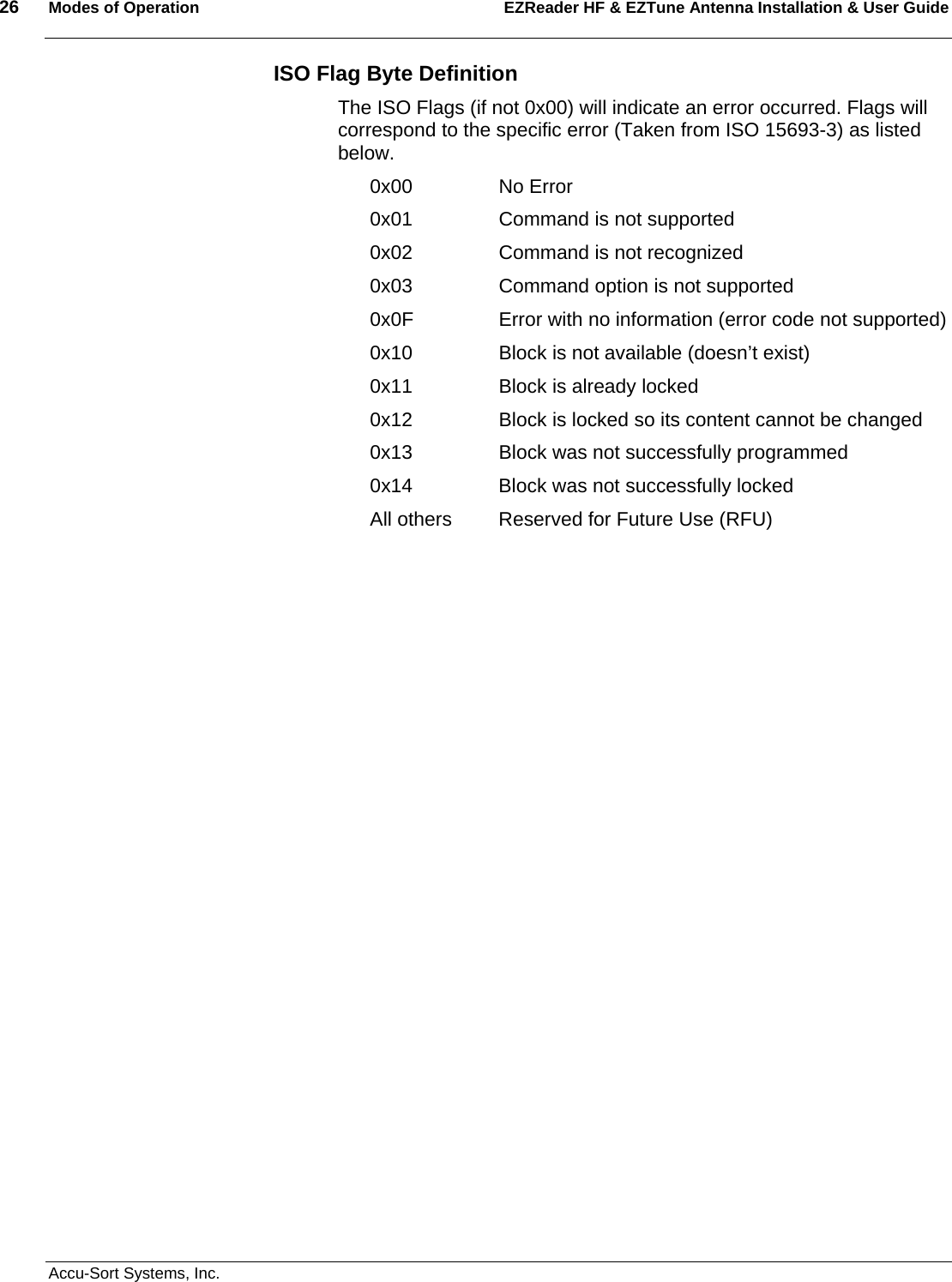 26  Modes of Operation EZReader HF &amp; EZTune Antenna Installation &amp; User Guide   Accu-Sort Systems, Inc. ISO Flag Byte Definition The ISO Flags (if not 0x00) will indicate an error occurred. Flags will correspond to the specific error (Taken from ISO 15693-3) as listed below. 0x00   No Error 0x01    Command is not supported 0x02    Command is not recognized 0x03    Command option is not supported 0x0F    Error with no information (error code not supported) 0x10    Block is not available (doesn’t exist) 0x11    Block is already locked 0x12    Block is locked so its content cannot be changed 0x13    Block was not successfully programmed 0x14    Block was not successfully locked All others  Reserved for Future Use (RFU) 