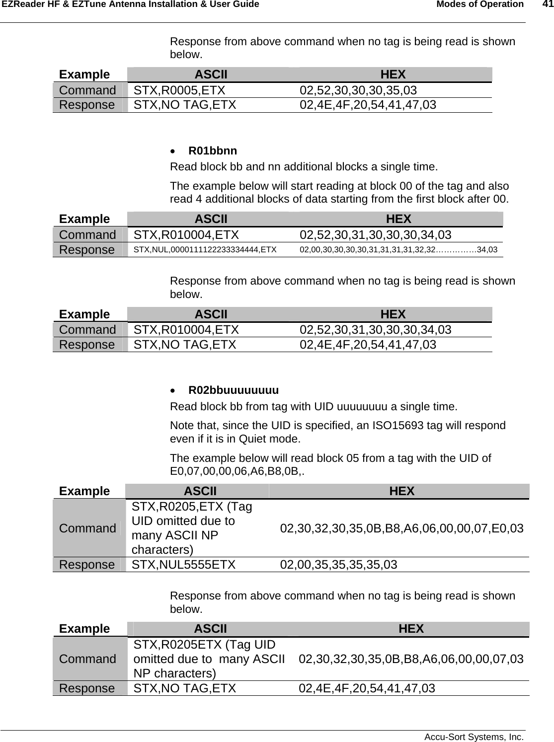 EZReader HF &amp; EZTune Antenna Installation &amp; User Guide  Modes of Operation  41   Accu-Sort Systems, Inc. Response from above command when no tag is being read is shown below. Example  ASCII  HEX Command STX,R0005,ETX 02,52,30,30,30,35,03 Response STX,NO TAG,ETX 02,4E,4F,20,54,41,47,03   • R01bbnn Read block bb and nn additional blocks a single time.  The example below will start reading at block 00 of the tag and also read 4 additional blocks of data starting from the first block after 00. Example  ASCII  HEX Command STX,R010004,ETX  02,52,30,31,30,30,30,34,03 Response  STX,NUL,0000111122233334444,ETX 02,00,30,30,30,30,31,31,31,31,32,32……………34,03  Response from above command when no tag is being read is shown below.  Example  ASCII  HEX Command STX,R010004,ETX  02,52,30,31,30,30,30,34,03 Response STX,NO TAG,ETX 02,4E,4F,20,54,41,47,03   • R02bbuuuuuuuu Read block bb from tag with UID uuuuuuuu a single time.   Note that, since the UID is specified, an ISO15693 tag will respond even if it is in Quiet mode. The example below will read block 05 from a tag with the UID of E0,07,00,00,06,A6,B8,0B,. Example  ASCII  HEX Command STX,R0205,ETX (Tag UID omitted due to  many ASCII NP characters) 02,30,32,30,35,0B,B8,A6,06,00,00,07,E0,03Response STX,NUL5555ETX 02,00,35,35,35,35,03  Response from above command when no tag is being read is shown below. Example  ASCII  HEX Command  STX,R0205ETX (Tag UID omitted due to  many ASCII NP characters)  02,30,32,30,35,0B,B8,A6,06,00,00,07,03Response STX,NO TAG,ETX 02,4E,4F,20,54,41,47,03 