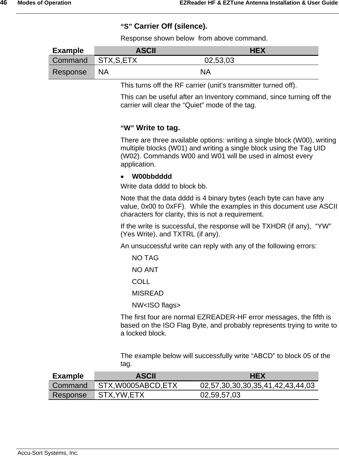 46  Modes of Operation EZReader HF &amp; EZTune Antenna Installation &amp; User Guide   Accu-Sort Systems, Inc. “S” Carrier Off (silence). Response shown below  from above command. Example  ASCII  HEX Command  STX,S,ETX    02,53,03 Response NA  NA This turns off the RF carrier (unit’s transmitter turned off).   This can be useful after an Inventory command, since turning off the carrier will clear the “Quiet” mode of the tag.  “W” Write to tag.   There are three available options: writing a single block (W00), writing multiple blocks (W01) and writing a single block using the Tag UID (W02). Commands W00 and W01 will be used in almost every application. • W00bbdddd Write data dddd to block bb.   Note that the data dddd is 4 binary bytes (each byte can have any value, 0x00 to 0xFF).  While the examples in this document use ASCII characters for clarity, this is not a requirement. If the write is successful, the response will be TXHDR (if any),  “YW” (Yes Write), and TXTRL (if any). An unsuccessful write can reply with any of the following errors: NO TAG NO ANT COLL MISREAD NW&lt;ISO flags&gt; The first four are normal EZREADER-HF error messages, the fifth is based on the ISO Flag Byte, and probably represents trying to write to a locked block.  The example below will successfully write “ABCD” to block 05 of the tag.  Example  ASCII  HEX Command STX,W0005ABCD,ETX  02,57,30,30,30,35,41,42,43,44,03Response STX,YW,ETX  02,59,57,03    