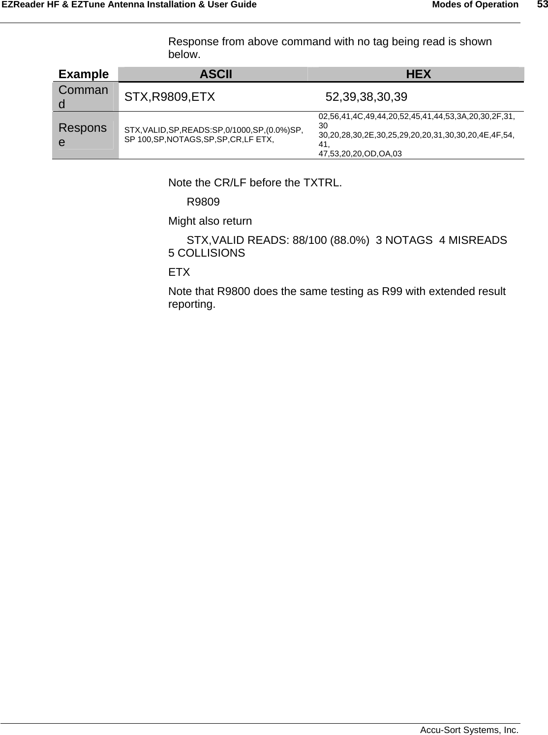 EZReader HF &amp; EZTune Antenna Installation &amp; User Guide  Modes of Operation  53   Accu-Sort Systems, Inc. Response from above command with no tag being read is shown below. Example  ASCII  HEX Command  STX,R9809,ETX    52,39,38,30,39 Response  STX,VALID,SP,READS:SP,0/1000,SP,(0.0%)SP,SP 100,SP,NOTAGS,SP,SP,CR,LF ETX, 02,56,41,4C,49,44,20,52,45,41,44,53,3A,20,30,2F,31,30 30,20,28,30,2E,30,25,29,20,20,31,30,30,20,4E,4F,54,41, 47,53,20,20,OD,OA,03  Note the CR/LF before the TXTRL.  R9809 Might also return   STX,VALID READS: 88/100 (88.0%)  3 NOTAGS  4 MISREADS  5 COLLISIONS ETX Note that R9800 does the same testing as R99 with extended result reporting.