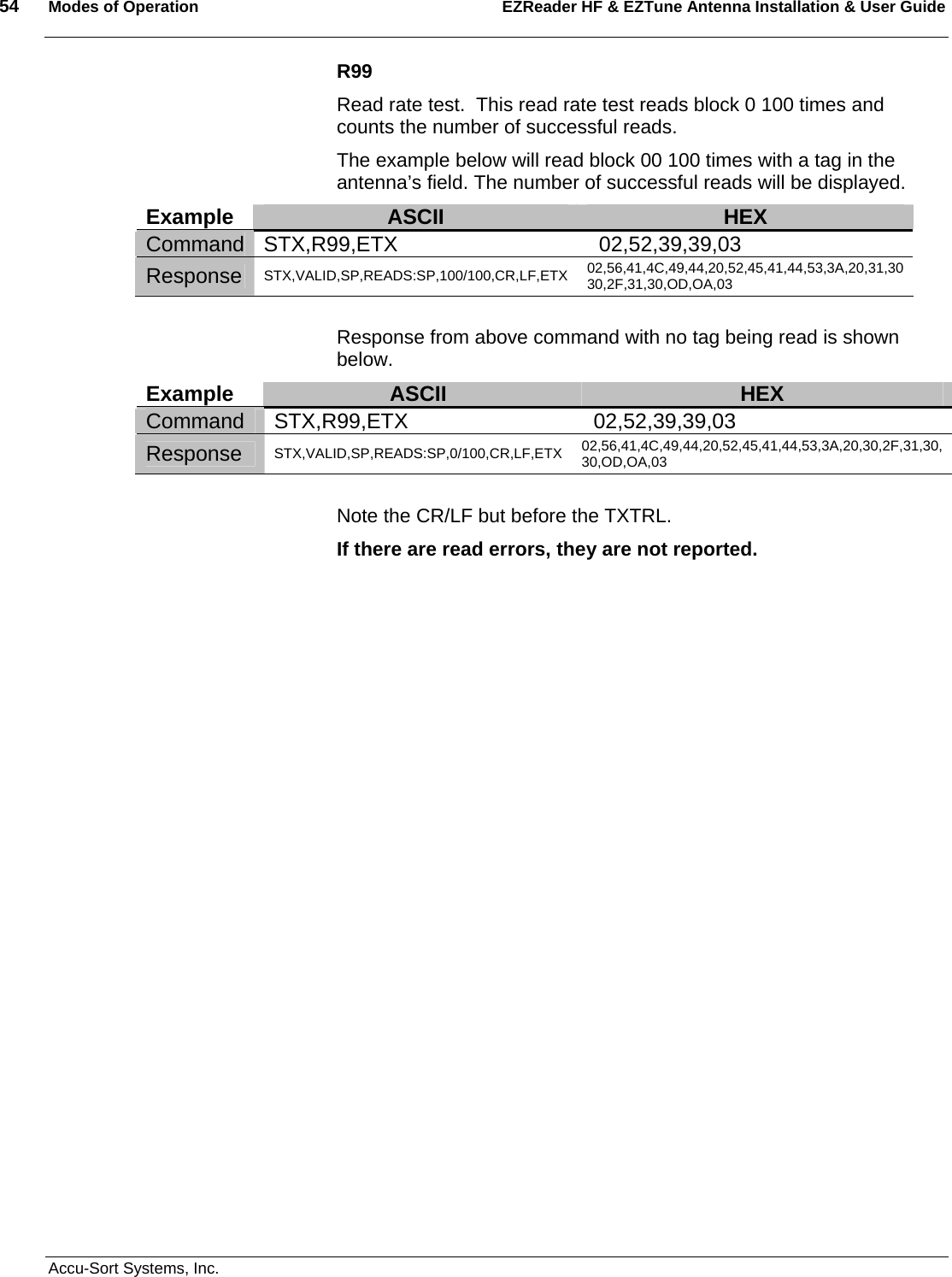 54  Modes of Operation EZReader HF &amp; EZTune Antenna Installation &amp; User Guide   Accu-Sort Systems, Inc. R99 Read rate test.  This read rate test reads block 0 100 times and counts the number of successful reads. The example below will read block 00 100 times with a tag in the antenna’s field. The number of successful reads will be displayed. Example  ASCII  HEX Command  STX,R99,ETX    02,52,39,39,03 Response  STX,VALID,SP,READS:SP,100/100,CR,LF,ETX  02,56,41,4C,49,44,20,52,45,41,44,53,3A,20,31,30 30,2F,31,30,OD,OA,03  Response from above command with no tag being read is shown below. Example  ASCII  HEX Command  STX,R99,ETX    02,52,39,39,03 Response  STX,VALID,SP,READS:SP,0/100,CR,LF,ETX  02,56,41,4C,49,44,20,52,45,41,44,53,3A,20,30,2F,31,30, 30,OD,OA,03  Note the CR/LF but before the TXTRL. If there are read errors, they are not reported. 