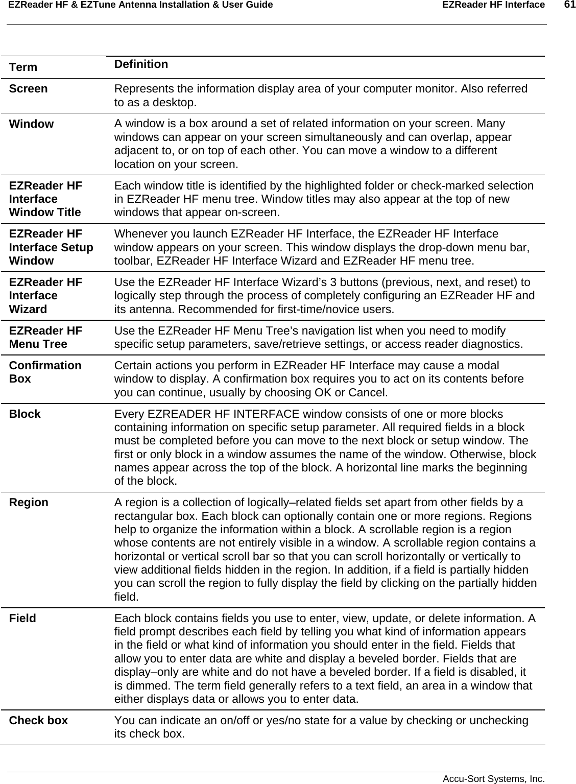 EZReader HF &amp; EZTune Antenna Installation &amp; User Guide  EZReader HF Interface  61   Accu-Sort Systems, Inc. Term  Definition Screen  Represents the information display area of your computer monitor. Also referred to as a desktop. Window  A window is a box around a set of related information on your screen. Many windows can appear on your screen simultaneously and can overlap, appear adjacent to, or on top of each other. You can move a window to a different location on your screen. EZReader HF Interface Window Title Each window title is identified by the highlighted folder or check-marked selection in EZReader HF menu tree. Window titles may also appear at the top of new windows that appear on-screen. EZReader HF Interface Setup Window  Whenever you launch EZReader HF Interface, the EZReader HF Interface window appears on your screen. This window displays the drop-down menu bar, toolbar, EZReader HF Interface Wizard and EZReader HF menu tree.  EZReader HF Interface Wizard  Use the EZReader HF Interface Wizard’s 3 buttons (previous, next, and reset) to logically step through the process of completely configuring an EZReader HF and its antenna. Recommended for first-time/novice users. EZReader HF Menu Tree   Use the EZReader HF Menu Tree’s navigation list when you need to modify specific setup parameters, save/retrieve settings, or access reader diagnostics. Confirmation Box   Certain actions you perform in EZReader HF Interface may cause a modal window to display. A confirmation box requires you to act on its contents before you can continue, usually by choosing OK or Cancel.  Block  Every EZREADER HF INTERFACE window consists of one or more blocks containing information on specific setup parameter. All required fields in a block must be completed before you can move to the next block or setup window. The first or only block in a window assumes the name of the window. Otherwise, block names appear across the top of the block. A horizontal line marks the beginning of the block. Region   A region is a collection of logically–related fields set apart from other fields by a rectangular box. Each block can optionally contain one or more regions. Regions help to organize the information within a block. A scrollable region is a region whose contents are not entirely visible in a window. A scrollable region contains a horizontal or vertical scroll bar so that you can scroll horizontally or vertically to view additional fields hidden in the region. In addition, if a field is partially hidden you can scroll the region to fully display the field by clicking on the partially hidden field. Field   Each block contains fields you use to enter, view, update, or delete information. A field prompt describes each field by telling you what kind of information appears in the field or what kind of information you should enter in the field. Fields that allow you to enter data are white and display a beveled border. Fields that are display–only are white and do not have a beveled border. If a field is disabled, it is dimmed. The term field generally refers to a text field, an area in a window that either displays data or allows you to enter data. Check box   You can indicate an on/off or yes/no state for a value by checking or unchecking its check box.  