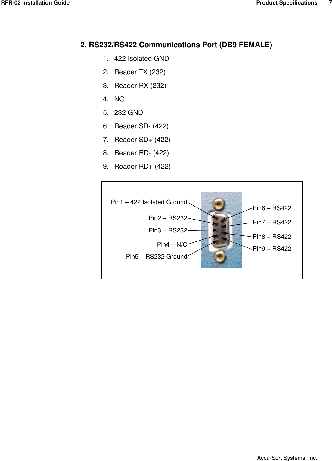 RFR-02 Installation Guide  Product Specifications  7    Accu-Sort Systems, Inc. 2. RS232/RS422 Communications Port (DB9 FEMALE) 1.  422 Isolated GND 2.  Reader TX (232) 3.  Reader RX (232) 4.  NC 5.  232 GND 6.  Reader SD- (422) 7.  Reader SD+ (422) 8.  Reader RD- (422) 9.  Reader RD+ (422)                       Pin1 – 422 Isolated Ground Pin2 – RS232 Pin3 – RS232 RX Pin4 – N/C Pin5 – RS232 Ground  Pin6 – RS422 SD- Pin7 – RS422 SD+ Pin8 – RS422 Pin9 – RS422 RD+ 