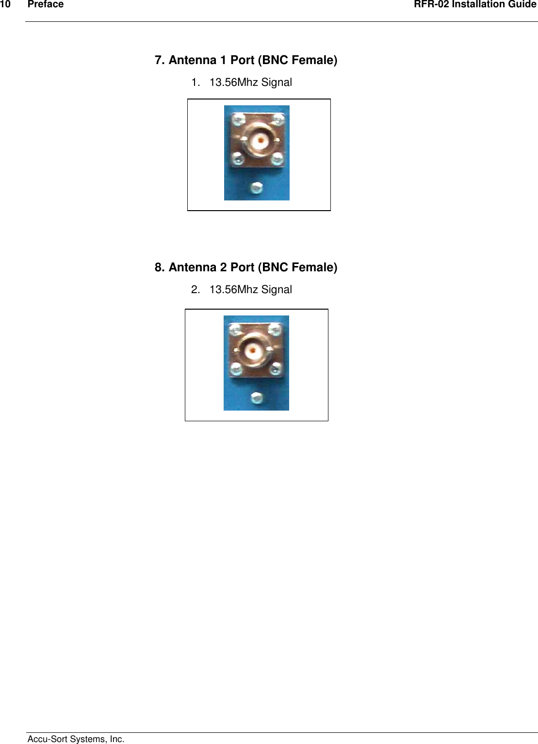 10  Preface  RFR-02 Installation Guide  Accu-Sort Systems, Inc. 7. Antenna 1 Port (BNC Female) 1.  13.56Mhz Signal            8. Antenna 2 Port (BNC Female) 2.  13.56Mhz Signal                        