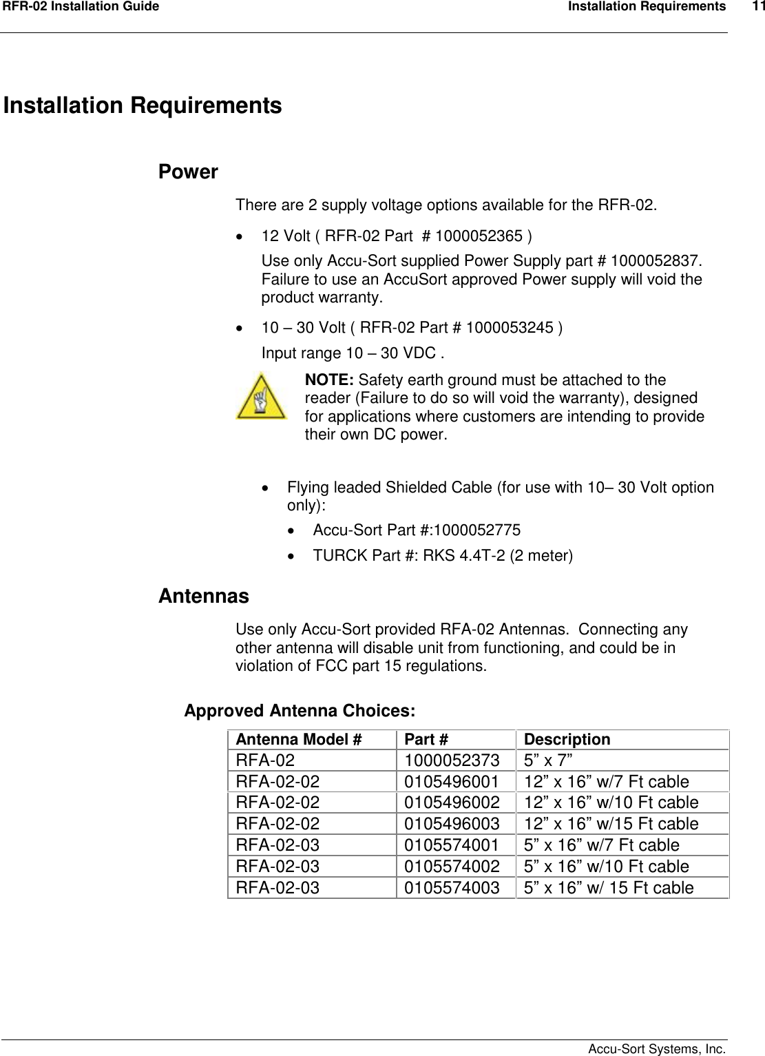 RFR-02 Installation Guide  Installation Requirements  11    Accu-Sort Systems, Inc. Installation Requirements  Power There are 2 supply voltage options available for the RFR-02.   12 Volt ( RFR-02 Part  # 1000052365 ) Use only Accu-Sort supplied Power Supply part # 1000052837.  Failure to use an AccuSort approved Power supply will void the product warranty.   10 – 30 Volt ( RFR-02 Part # 1000053245 ) Input range 10 – 30 VDC .  NOTE: Safety earth ground must be attached to the reader (Failure to do so will void the warranty), designed for applications where customers are intending to provide their own DC power.    Flying leaded Shielded Cable (for use with 10– 30 Volt option only):    Accu-Sort Part #:1000052775   TURCK Part #: RKS 4.4T-2 (2 meter) Antennas Use only Accu-Sort provided RFA-02 Antennas.  Connecting any other antenna will disable unit from functioning, and could be in violation of FCC part 15 regulations. Approved Antenna Choices: Antenna Model #  Part #  Description RFA-02  1000052373 5” x 7” RFA-02-02  0105496001 12” x 16” w/7 Ft cable RFA-02-02  0105496002 12” x 16” w/10 Ft cable RFA-02-02  0105496003 12” x 16” w/15 Ft cable RFA-02-03  0105574001 5” x 16” w/7 Ft cable RFA-02-03  0105574002 5” x 16” w/10 Ft cable RFA-02-03  0105574003 5” x 16” w/ 15 Ft cable  