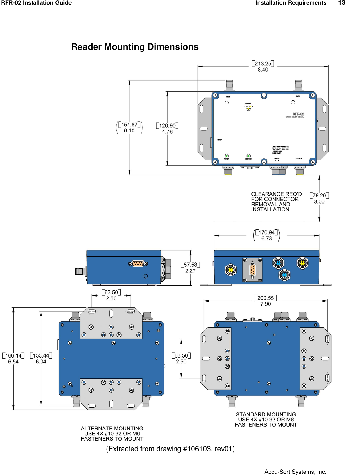 RFR-02 Installation Guide  Installation Requirements  13    Accu-Sort Systems, Inc. Reader Mounting Dimensions  (Extracted from drawing #106103, rev01) 