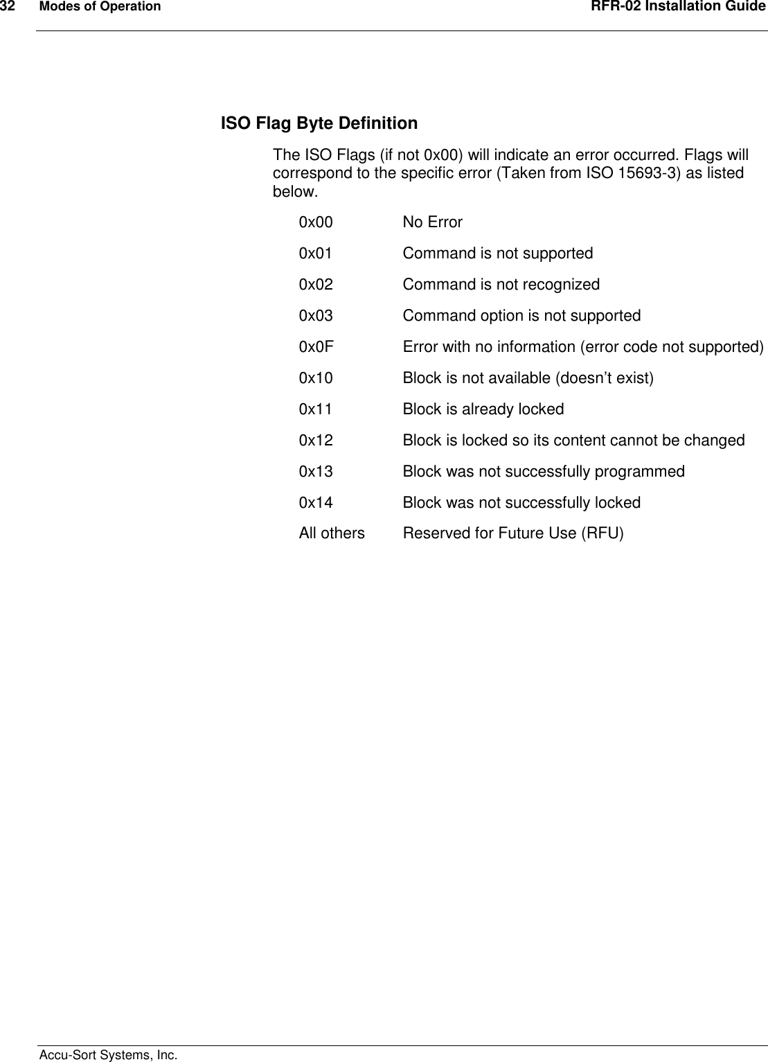 32  Modes of Operation  RFR-02 Installation Guide  Accu-Sort Systems, Inc.  ISO Flag Byte Definition The ISO Flags (if not 0x00) will indicate an error occurred. Flags will correspond to the specific error (Taken from ISO 15693-3) as listed below. 0x00    No Error 0x01    Command is not supported 0x02    Command is not recognized 0x03    Command option is not supported 0x0F    Error with no information (error code not supported) 0x10    Block is not available (doesn’t exist) 0x11    Block is already locked 0x12    Block is locked so its content cannot be changed 0x13    Block was not successfully programmed 0x14    Block was not successfully locked All others  Reserved for Future Use (RFU) 