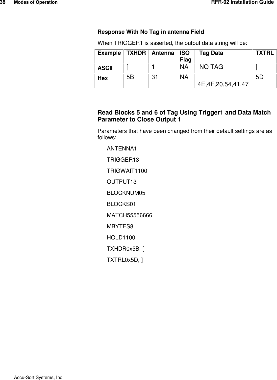 38  Modes of Operation  RFR-02 Installation Guide  Accu-Sort Systems, Inc. Response With No Tag in antenna Field When TRIGGER1 is asserted, the output data string will be: Example TXHDR Antenna ISO Flag   Tag Data  TXTRL ASCII  [  1  NA   NO TAG  ] Hex  5B  31  NA   4E,4F,20,54,41,47  5D   Read Blocks 5 and 6 of Tag Using Trigger1 and Data Match Parameter to Close Output 1 Parameters that have been changed from their default settings are as follows: ANTENNA1 TRIGGER13 TRIGWAIT1100 OUTPUT13 BLOCKNUM05 BLOCKS01 MATCH55556666 MBYTES8  HOLD1100 TXHDR0x5B, [ TXTRL0x5D, ]  