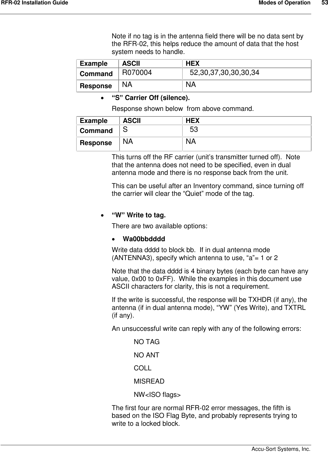 RFR-02 Installation Guide  Modes of Operation  53    Accu-Sort Systems, Inc. Note if no tag is in the antenna field there will be no data sent by the RFR-02, this helps reduce the amount of data that the host system needs to handle. Example  ASCII  HEX Command  R070004    52,30,37,30,30,30,34 Response  NA  NA  “S” Carrier Off (silence). Response shown below  from above command. Example  ASCII  HEX Command  S    53 Response  NA  NA This turns off the RF carrier (unit’s transmitter turned off).  Note that the antenna does not need to be specified, even in dual antenna mode and there is no response back from the unit. This can be useful after an Inventory command, since turning off the carrier will clear the “Quiet” mode of the tag.   “W” Write to tag.   There are two available options:  Wa00bbdddd Write data dddd to block bb.  If in dual antenna mode (ANTENNA3), specify which antenna to use, “a”= 1 or 2 Note that the data dddd is 4 binary bytes (each byte can have any value, 0x00 to 0xFF).  While the examples in this document use ASCII characters for clarity, this is not a requirement. If the write is successful, the response will be TXHDR (if any), the antenna (if in dual antenna mode), “YW” (Yes Write), and TXTRL (if any). An unsuccessful write can reply with any of the following errors:   NO TAG   NO ANT   COLL MISREAD NW&lt;ISO flags&gt; The first four are normal RFR-02 error messages, the fifth is based on the ISO Flag Byte, and probably represents trying to write to a locked block. 