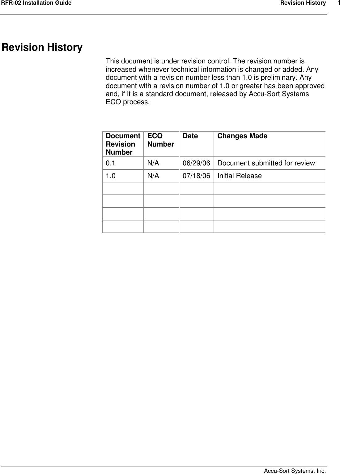 RFR-02 Installation Guide  Revision History  1    Accu-Sort Systems, Inc. Revision History This document is under revision control. The revision number is increased whenever technical information is changed or added. Any document with a revision number less than 1.0 is preliminary. Any document with a revision number of 1.0 or greater has been approved and, if it is a standard document, released by Accu-Sort Systems ECO process.   Document Revision Number ECO Number  Date  Changes Made 0.1  N/A  06/29/06 Document submitted for review 1.0  N/A  07/18/06 Initial Release                                    