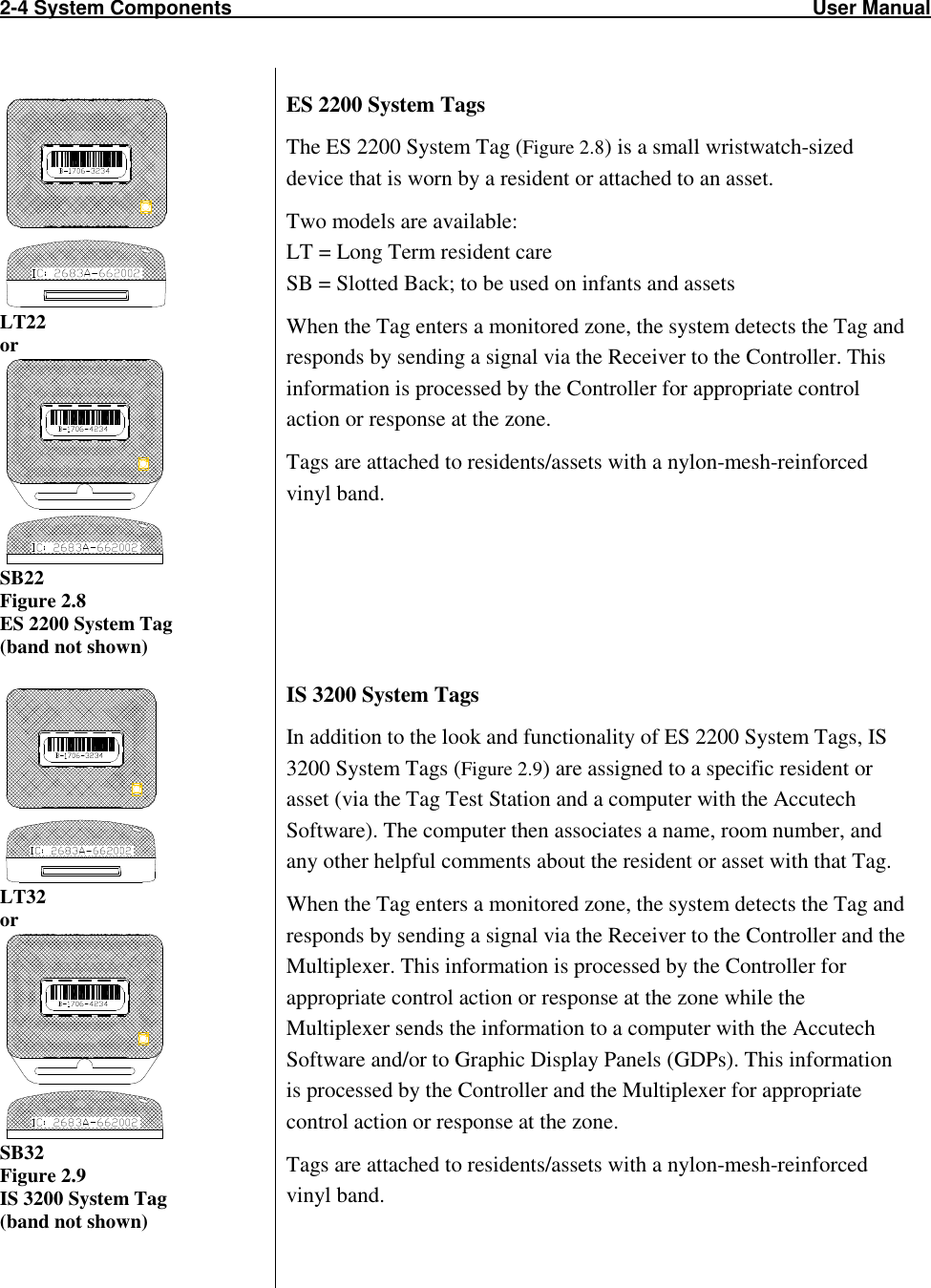 2-4 System Components                                                                                                         User Manual                             LT22 or  SB22 Figure 2.8 ES 2200 System Tag  (band not shown) ES 2200 System Tags The ES 2200 System Tag (Figure 2.8) is a small wristwatch-sized device that is worn by a resident or attached to an asset.  Two models are available: LT = Long Term resident care SB = Slotted Back; to be used on infants and assets When the Tag enters a monitored zone, the system detects the Tag and responds by sending a signal via the Receiver to the Controller. This information is processed by the Controller for appropriate control action or response at the zone. Tags are attached to residents/assets with a nylon-mesh-reinforced vinyl band.    LT32 or  SB32 Figure 2.9 IS 3200 System Tag  (band not shown)  IS 3200 System Tags In addition to the look and functionality of ES 2200 System Tags, IS 3200 System Tags (Figure 2.9) are assigned to a specific resident or asset (via the Tag Test Station and a computer with the Accutech Software). The computer then associates a name, room number, and any other helpful comments about the resident or asset with that Tag.  When the Tag enters a monitored zone, the system detects the Tag and responds by sending a signal via the Receiver to the Controller and the Multiplexer. This information is processed by the Controller for appropriate control action or response at the zone while the Multiplexer sends the information to a computer with the Accutech Software and/or to Graphic Display Panels (GDPs). This information is processed by the Controller and the Multiplexer for appropriate control action or response at the zone. Tags are attached to residents/assets with a nylon-mesh-reinforced vinyl band. 