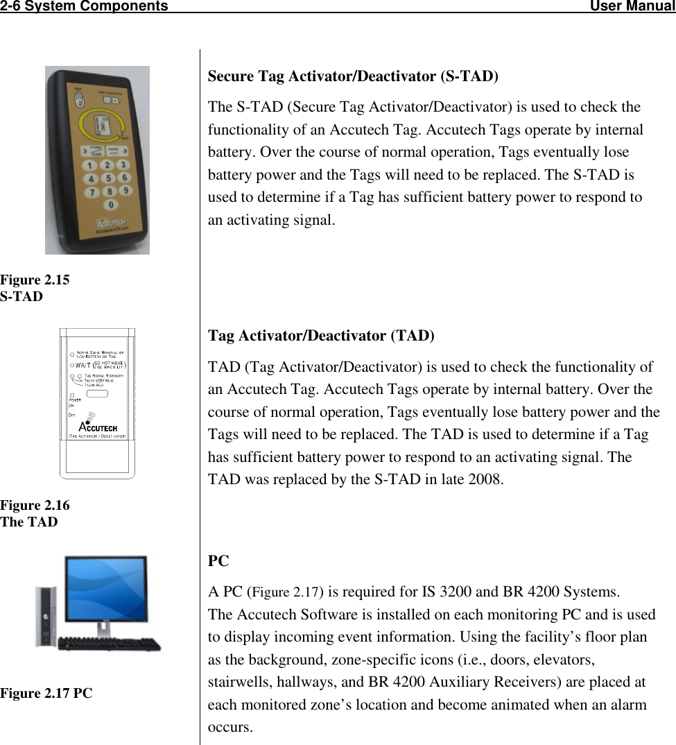 2-6 System Components                                                                                                         User Manual                            Figure 2.15 S-TAD Secure Tag Activator/Deactivator (S-TAD)  The S-TAD (Secure Tag Activator/Deactivator) is used to check the functionality of an Accutech Tag. Accutech Tags operate by internal battery. Over the course of normal operation, Tags eventually lose battery power and the Tags will need to be replaced. The S-TAD is used to determine if a Tag has sufficient battery power to respond to an activating signal.  Figure 2.16  The TAD Tag Activator/Deactivator (TAD)  TAD (Tag Activator/Deactivator) is used to check the functionality of an Accutech Tag. Accutech Tags operate by internal battery. Over the course of normal operation, Tags eventually lose battery power and the Tags will need to be replaced. The TAD is used to determine if a Tag has sufficient battery power to respond to an activating signal. The TAD was replaced by the S-TAD in late 2008.   Figure 2.17 PC PC  A PC (Figure 2.17) is required for IS 3200 and BR 4200 Systems.  The Accutech Software is installed on each monitoring PC and is used to display incoming event information. Using the facility’s floor plan as the background, zone-specific icons (i.e., doors, elevators, stairwells, hallways, and BR 4200 Auxiliary Receivers) are placed at each monitored zone’s location and become animated when an alarm occurs. 