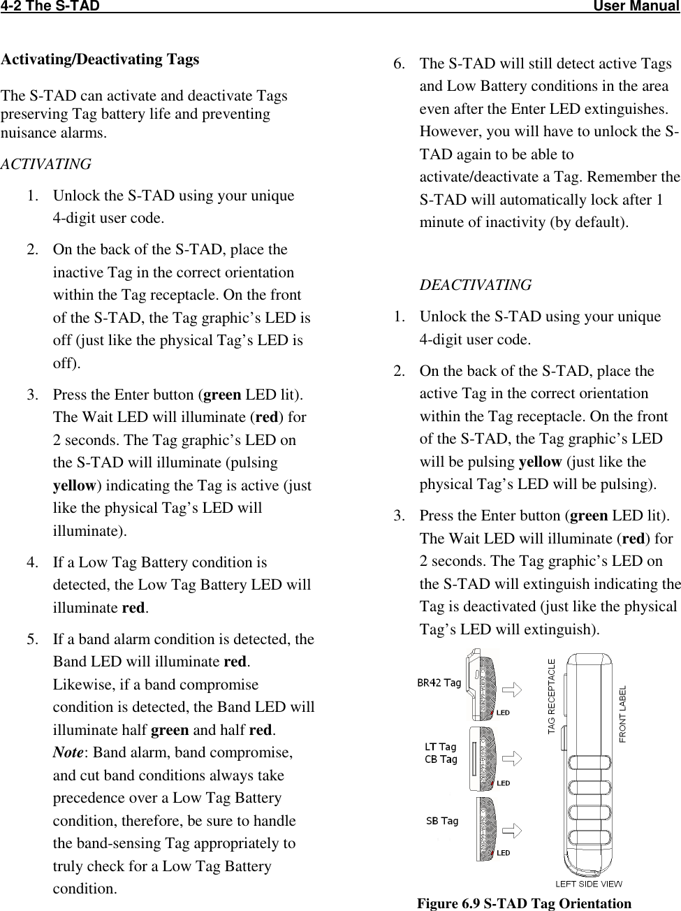 4-2 The S-TAD                                                                                                                          User Manual                                                                                        Activating/Deactivating Tags  The S-TAD can activate and deactivate Tags preserving Tag battery life and preventing nuisance alarms. ACTIVATING 1. Unlock the S-TAD using your unique  4-digit user code. 2. On the back of the S-TAD, place the inactive Tag in the correct orientation within the Tag receptacle. On the front of the S-TAD, the Tag graphic’s LED is off (just like the physical Tag’s LED is off). 3. Press the Enter button (green LED lit). The Wait LED will illuminate (red) for 2 seconds. The Tag graphic’s LED on the S-TAD will illuminate (pulsing yellow) indicating the Tag is active (just like the physical Tag’s LED will illuminate). 4. If a Low Tag Battery condition is detected, the Low Tag Battery LED will illuminate red. 5. If a band alarm condition is detected, the Band LED will illuminate red. Likewise, if a band compromise condition is detected, the Band LED will illuminate half green and half red. Note: Band alarm, band compromise, and cut band conditions always take precedence over a Low Tag Battery condition, therefore, be sure to handle the band-sensing Tag appropriately to truly check for a Low Tag Battery condition.  6. The S-TAD will still detect active Tags and Low Battery conditions in the area even after the Enter LED extinguishes. However, you will have to unlock the S-TAD again to be able to activate/deactivate a Tag. Remember the S-TAD will automatically lock after 1 minute of inactivity (by default).  DEACTIVATING 1. Unlock the S-TAD using your unique  4-digit user code. 2. On the back of the S-TAD, place the active Tag in the correct orientation within the Tag receptacle. On the front of the S-TAD, the Tag graphic’s LED will be pulsing yellow (just like the physical Tag’s LED will be pulsing). 3. Press the Enter button (green LED lit). The Wait LED will illuminate (red) for 2 seconds. The Tag graphic’s LED on the S-TAD will extinguish indicating the Tag is deactivated (just like the physical Tag’s LED will extinguish).  Figure 6.9 S-TAD Tag Orientation 