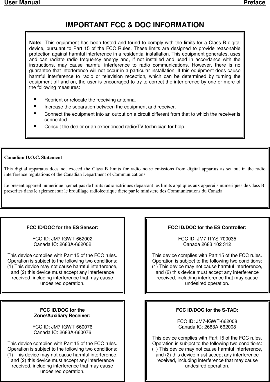 User Manual     Preface  IMPORTANT FCC &amp; DOC INFORMATION    Note:  This equipment has been tested and found to comply with the limits for a Class B digital device,  pursuant  to  Part  15 of  the FCC  Rules.  These limits  are  designed  to  provide reasonable protection against harmful interference in a residential installation. This equipment generates, uses and  can  radiate  radio  frequency  energy  and,  if  not  installed  and  used  in  accordance  with  the instructions,  may  cause  harmful  interference  to  radio  communications.  However,  there  is  no guarantee that interference will not occur in a particular installation. If this equipment does cause harmful  interference  to  radio  or  television  reception,  which  can  be  determined  by  turning  the equipment off and on, the user is encouraged to try to correct the interference by one or more of the following measures:   Reorient or relocate the receiving antenna.  Increase the separation between the equipment and receiver.  Connect the equipment into an output on a circuit different from that to which the receiver is connected.  Consult the dealer or an experienced radio/TV technician for help.     Canadian D.O.C. Statement  This  digital  apparatus  does  not  exceed  the  Class  B  limits  for  radio  noise  emissions  from  digital  appartus  as  set  out  in  the  radio interference regulations of the Canadian Department of Communications.  Le present appareil numerique n,emet pas de bruits radiolectriques depassant les limits appliques aux appereils numeriques de Class B prescrites dans le rglement sur le brouillage radiolectrique dicte par le ministere des Communications du Canada.     FCC ID/DOC for the ES Sensor:  FCC ID: JM7-IGWT-662002 Canada IC: 2683A-662002  This device complies with Part 15 of the FCC rules. Operation is subject to the following two conditions: (1) This device may not cause harmful interference, and (2) this device must accept any interference received, including interference that may cause undesired operation.    FCC ID/DOC for the ES Controller:  FCC ID: JM7-ITYS-700035 Canada 2683 102 312  This device complies with Part 15 of the FCC rules. Operation is subject to the following two conditions: (1) This device may not cause harmful interference, and (2) this device must accept any interference received, including interference that may cause undesired operation.      FCC ID/DOC for the  Zone/Auxiliary Receiver:  FCC ID: JM7-IGWT-660076 Canada IC: 2683A-660076  This device complies with Part 15 of the FCC rules. Operation is subject to the following two conditions: (1) This device may not cause harmful interference, and (2) this device must accept any interference received, including interference that may cause undesired operation.    FCC ID/DOC for the S-TAD:  FCC ID: JM7-IGWT-662008 Canada IC: 2683A-662008  This device complies with Part 15 of the FCC rules. Operation is subject to the following two conditions: (1) This device may not cause harmful interference, and (2) this device must accept any interference received, including interference that may cause undesired operation.  