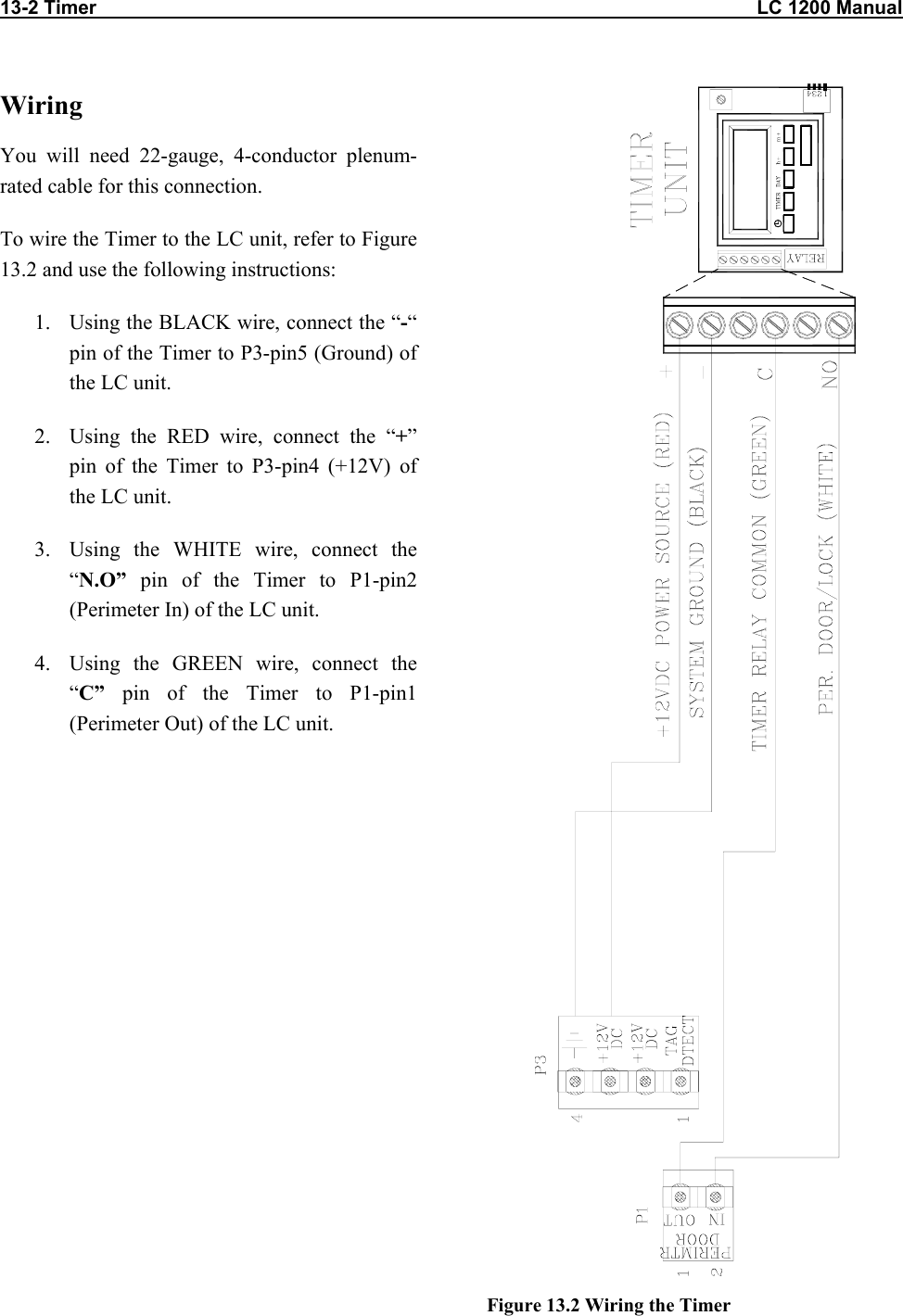 13-2 Timer                                                                                                                           LC 1200 Manual                          Wiring  You will need 22-gauge, 4-conductor plenum-rated cable for this connection. To wire the Timer to the LC unit, refer to Figure 13.2 and use the following instructions: 1.  Using the BLACK wire, connect the “-“ pin of the Timer to P3-pin5 (Ground) of the LC unit. 2.  Using the RED wire, connect the “+” pin of the Timer to P3-pin4 (+12V) of the LC unit. 3.  Using the WHITE wire, connect the “N.O” pin of the Timer to P1-pin2 (Perimeter In) of the LC unit. 4.  Using the GREEN wire, connect the “C” pin of the Timer to P1-pin1 (Perimeter Out) of the LC unit.  Figure 13.2 Wiring the Timer