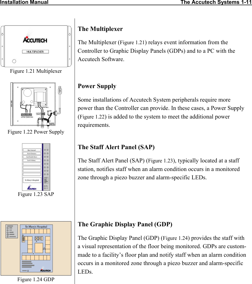 Installation Manual                                                                                        The Accutech Systems 1-11    Figure 1.21 Multiplexer The Multiplexer The Multiplexer (Figure 1.21) relays event information from the Controller to Graphic Display Panels (GDPs) and to a PC with the Accutech Software.  Figure 1.22 Power Supply Power Supply Some installations of Accutech System peripherals require more power than the Controller can provide. In these cases, a Power Supply (Figure 1.22) is added to the system to meet the additional power requirements.   Figure 1.23 SAP The Staff Alert Panel (SAP) The Staff Alert Panel (SAP) (Figure 1.23), typically located at a staff station, notifies staff when an alarm condition occurs in a monitored zone through a piezo buzzer and alarm-specific LEDs.     Figure 1.24 GDP The Graphic Display Panel (GDP) The Graphic Display Panel (GDP) (Figure 1.24) provides the staff with a visual representation of the floor being monitored. GDPs are custom-made to a facility’s floor plan and notify staff when an alarm condition occurs in a monitored zone through a piezo buzzer and alarm-specific LEDs.  