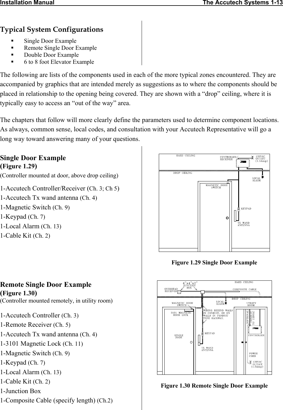 Installation Manual                                                                                        The Accutech Systems 1-13  Typical System Configurations   Single Door Example   Remote Single Door Example   Double Door Example   6 to 8 foot Elevator Example  The following are lists of the components used in each of the more typical zones encountered. They are accompanied by graphics that are intended merely as suggestions as to where the components should be placed in relationship to the opening being covered. They are shown with a “drop” ceiling, where it is typically easy to access an “out of the way” area. The chapters that follow will more clearly define the parameters used to determine component locations. As always, common sense, local codes, and consultation with your Accutech Representative will go a long way toward answering many of your questions.  Single Door Example  (Figure 1.29) (Controller mounted at door, above drop ceiling) 1-Accutech Controller/Receiver (Ch. 3; Ch 5) 1-Accutech Tx wand antenna (Ch. 4) 1-Magnetic Switch (Ch. 9) 1-Keypad (Ch. 7) 1-Local Alarm (Ch. 13) 1-Cable Kit (Ch. 2)     Figure 1.29 Single Door Example  Remote Single Door Example  (Figure 1.30) (Controller mounted remotely, in utility room) 1-Accutech Controller (Ch. 3) 1-Remote Receiver (Ch. 5) 1-Accutech Tx wand antenna (Ch. 4) 1-3101 Magnetic Lock (Ch. 11) 1-Magnetic Switch (Ch. 9) 1-Keypad (Ch. 7) 1-Local Alarm (Ch. 13) 1-Cable Kit (Ch. 2) 1-Junction Box 1-Composite Cable (specify length) (Ch.2)    Figure 1.30 Remote Single Door Example    