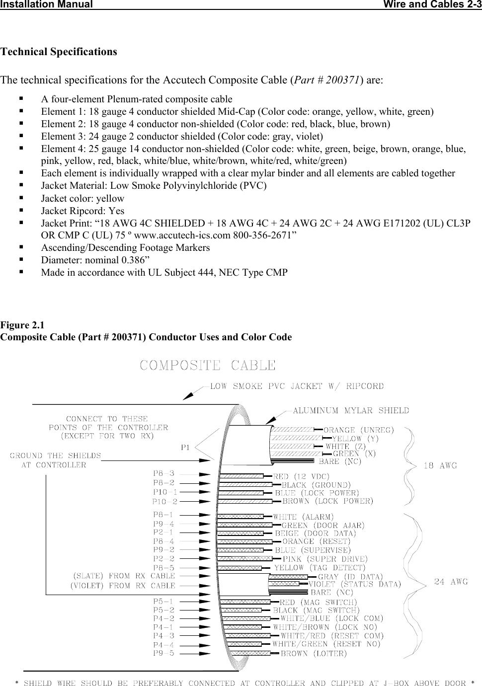 Installation Manual                                                                                                     Wire and Cables 2-3   Technical Specifications The technical specifications for the Accutech Composite Cable (Part # 200371) are:   A four-element Plenum-rated composite cable   Element 1: 18 gauge 4 conductor shielded Mid-Cap (Color code: orange, yellow, white, green)   Element 2: 18 gauge 4 conductor non-shielded (Color code: red, black, blue, brown)   Element 3: 24 gauge 2 conductor shielded (Color code: gray, violet)   Element 4: 25 gauge 14 conductor non-shielded (Color code: white, green, beige, brown, orange, blue, pink, yellow, red, black, white/blue, white/brown, white/red, white/green)   Each element is individually wrapped with a clear mylar binder and all elements are cabled together   Jacket Material: Low Smoke Polyvinylchloride (PVC)    Jacket color: yellow    Jacket Ripcord: Yes   Jacket Print: “18 AWG 4C SHIELDED + 18 AWG 4C + 24 AWG 2C + 24 AWG E171202 (UL) CL3P OR CMP C (UL) 75 º www.accutech-ics.com 800-356-2671”   Ascending/Descending Footage Markers   Diameter: nominal 0.386”    Made in accordance with UL Subject 444, NEC Type CMP    Figure 2.1  Composite Cable (Part # 200371) Conductor Uses and Color Code    