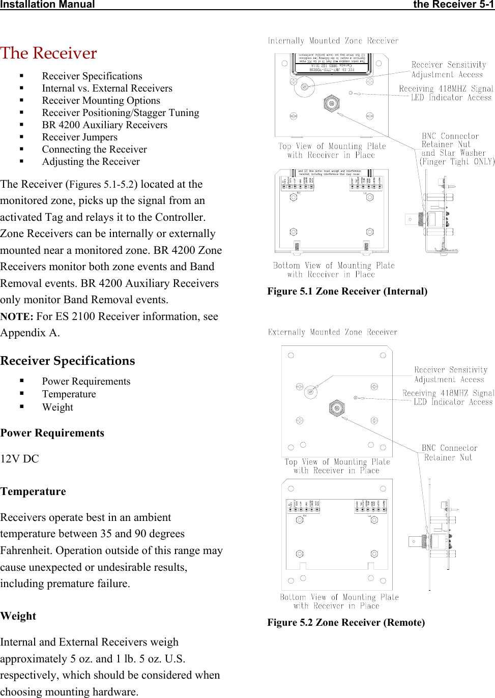 Installation Manual                                                                                                            the Receiver 5-1  The Receiver   Receiver Specifications   Internal vs. External Receivers   Receiver Mounting Options   Receiver Positioning/Stagger Tuning   BR 4200 Auxiliary Receivers   Receiver Jumpers   Connecting the Receiver   Adjusting the Receiver The Receiver (Figures 5.1-5.2) located at the monitored zone, picks up the signal from an activated Tag and relays it to the Controller. Zone Receivers can be internally or externally mounted near a monitored zone. BR 4200 Zone Receivers monitor both zone events and Band Removal events. BR 4200 Auxiliary Receivers only monitor Band Removal events. NOTE: For ES 2100 Receiver information, see Appendix A. Figure 5.1 Zone Receiver (Internal)    Receiver Specifications   Power Requirements   Temperature   Weight Power Requirements 12V DC Temperature Receivers operate best in an ambient temperature between 35 and 90 degrees Fahrenheit. Operation outside of this range may cause unexpected or undesirable results, including premature failure.  Weight  Figure 5.2 Zone Receiver (Remote) Internal and External Receivers weigh approximately 5 oz. and 1 lb. 5 oz. U.S. respectively, which should be considered when choosing mounting hardware.  