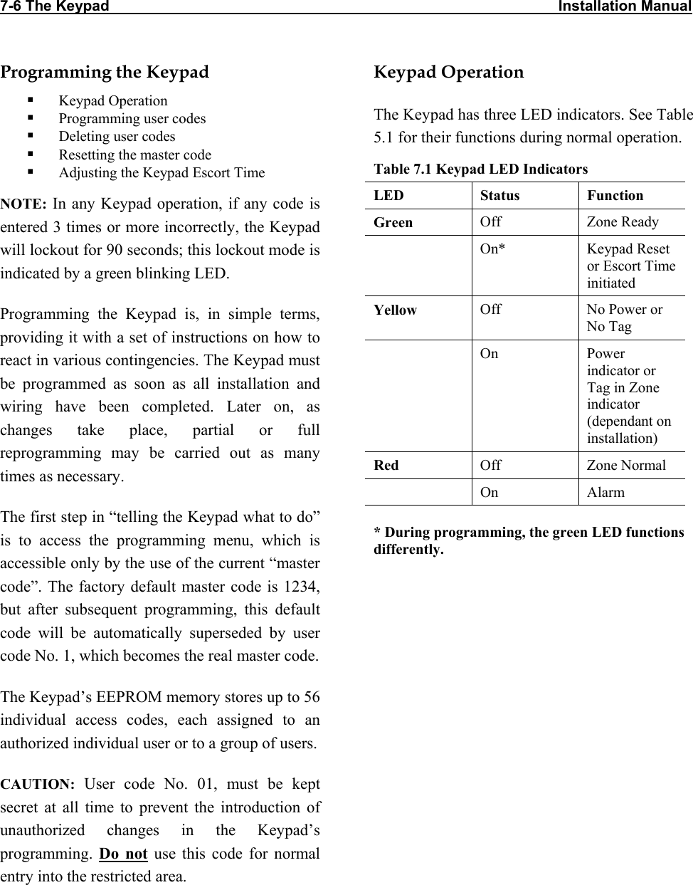 7-6 The Keypad                                                                                                             Installation Manual            Programming the Keypad   Keypad Operation   Programming user codes   Deleting user codes   Resetting the master code   Adjusting the Keypad Escort Time NOTE: In any Keypad operation, if any code is entered 3 times or more incorrectly, the Keypad will lockout for 90 seconds; this lockout mode is indicated by a green blinking LED. Programming the Keypad is, in simple terms, providing it with a set of instructions on how to react in various contingencies. The Keypad must be programmed as soon as all installation and wiring have been completed. Later on, as changes take place, partial or full reprogramming may be carried out as many times as necessary. The first step in “telling the Keypad what to do” is to access the programming menu, which is accessible only by the use of the current “master code”. The factory default master code is 1234, but after subsequent programming, this default code will be automatically superseded by user code No. 1, which becomes the real master code. The Keypad’s EEPROM memory stores up to 56 individual access codes, each assigned to an authorized individual user or to a group of users. CAUTION: User code No. 01, must be kept secret at all time to prevent the introduction of unauthorized changes in the Keypad’s programming.  Do not use this code for normal entry into the restricted area. Keypad Operation The Keypad has three LED indicators. See Table 5.1 for their functions during normal operation.  Table 7.1 Keypad LED Indicators LED Status Function Green  Off Zone Ready  On* Keypad Reset or Escort Time initiated Yellow  Off No Power or No Tag  On Power indicator or Tag in Zone indicator (dependant on installation) Red  Off Zone Normal  On Alarm * During programming, the green LED functions differently. 