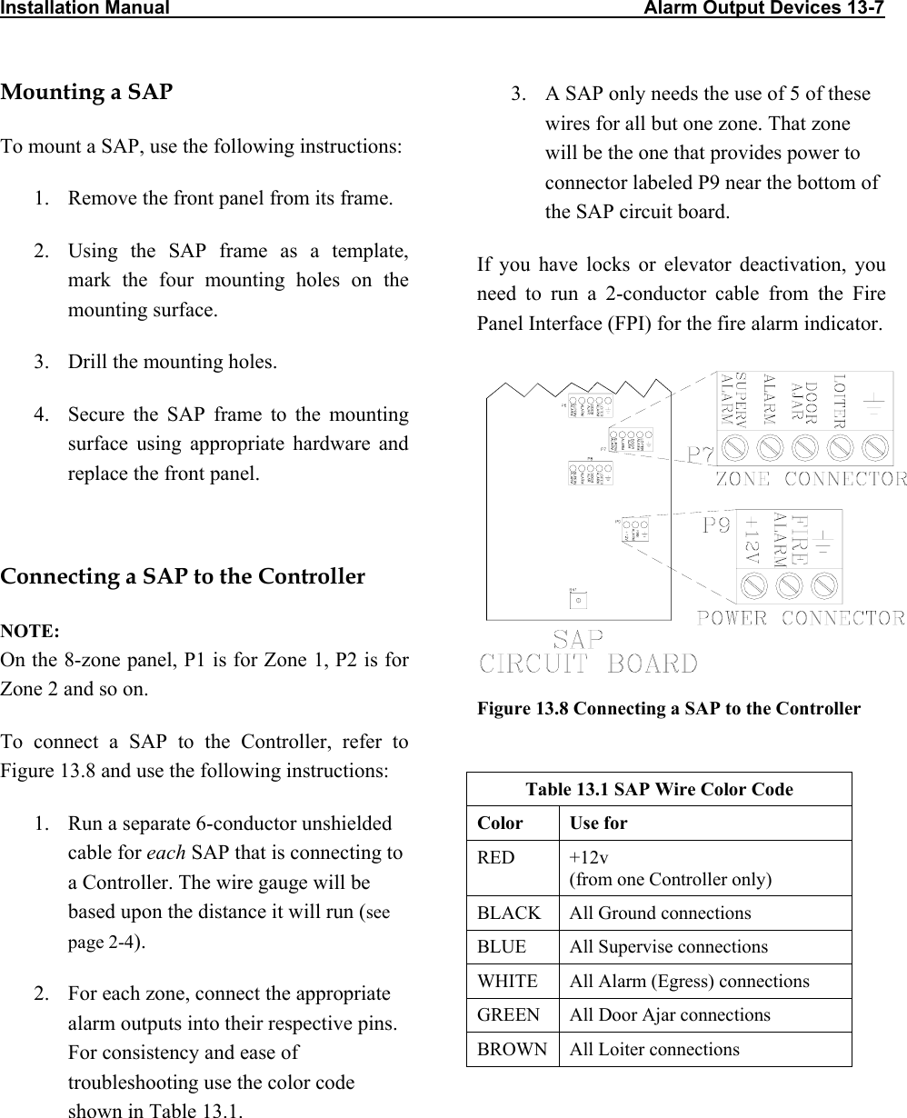 Installation Manual                                                                                          Alarm Output Devices 13-7                            Mounting a SAP  3.  A SAP only needs the use of 5 of these wires for all but one zone. That zone will be the one that provides power to connector labeled P9 near the bottom of the SAP circuit board. To mount a SAP, use the following instructions: 1.  Remove the front panel from its frame.   2.  Using the SAP frame as a template, mark the four mounting holes on the mounting surface. If you have locks or elevator deactivation, you need to run a 2-conductor cable from the Fire Panel Interface (FPI) for the fire alarm indicator.   3.  Drill the mounting holes. 4.  Secure the SAP frame to the mounting surface using appropriate hardware and replace the front panel.  Connecting a SAP to the Controller NOTE:  On the 8-zone panel, P1 is for Zone 1, P2 is for Zone 2 and so on.   Figure 13.8 Connecting a SAP to the Controller To connect a SAP to the Controller, refer to Figure 13.8 and use the following instructions:  Table 13.1 SAP Wire Color Code Color Use for RED +12v  (from one Controller only) BLACK  All Ground connections BLUE All Supervise connections WHITE  All Alarm (Egress) connections GREEN All Door Ajar connections BROWN All Loiter connections 1.  Run a separate 6-conductor unshielded cable for each SAP that is connecting to a Controller. The wire gauge will be based upon the distance it will run (see page 2-4). 2.  For each zone, connect the appropriate alarm outputs into their respective pins. For consistency and ease of troubleshooting use the color code shown in Table 13.1.  