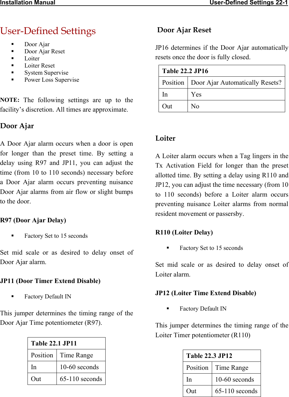 Installation Manual                                                                                          User-Defined Settings 22-1 User-Defined Settings   Door Ajar   Door Ajar Reset   Loiter   Loiter Reset   System Supervise   Power Loss Supervise  NOTE: The following settings are up to the facility’s discretion. All times are approximate. Door Ajar A Door Ajar alarm occurs when a door is open for longer than the preset time. By setting a delay using R97 and JP11, you can adjust the time (from 10 to 110 seconds) necessary before a Door Ajar alarm occurs preventing nuisance Door Ajar alarms from air flow or slight bumps to the door.  R97 (Door Ajar Delay)   Factory Set to 15 seconds Set mid scale or as desired to delay onset of Door Ajar alarm. JP11 (Door Timer Extend Disable)   Factory Default IN This jumper determines the timing range of the Door Ajar Time potentiometer (R97).  Table 22.1 JP11 Position   Time Range In 10-60 seconds Out 65-110 seconds   Door Ajar Reset JP16 determines if the Door Ajar automatically resets once the door is fully closed. Table 22.2 JP16  Position  Door Ajar Automatically Resets?In Yes Out No  Loiter A Loiter alarm occurs when a Tag lingers in the Tx Activation Field for longer than the preset allotted time. By setting a delay using R110 and JP12, you can adjust the time necessary (from 10 to 110 seconds) before a Loiter alarm occurs preventing nuisance Loiter alarms from normal resident movement or passersby. R110 (Loiter Delay)   Factory Set to 15 seconds Set mid scale or as desired to delay onset of Loiter alarm. JP12 (Loiter Time Extend Disable)   Factory Default IN This jumper determines the timing range of the Loiter Timer potentiometer (R110)  Table 22.3 JP12 Position Time Range In 10-60 seconds Out 65-110 seconds   