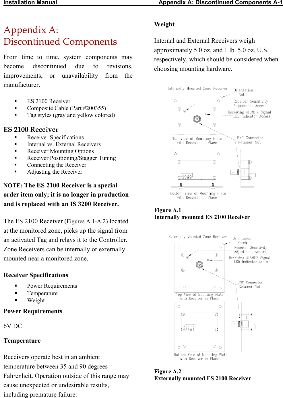 Installation Manual                                                             Appendix A: Discontinued Components A-1       Appendix A: Discontinued Components From time to time, system components may become discontinued due to revisions, improvements, or unavailability from the manufacturer.     ES 2100 Receiver   Composite Cable (Part #200355)   Tag styles (gray and yellow colored)  ES 2100 Receiver   Receiver Specifications   Internal vs. External Receivers   Receiver Mounting Options   Receiver Positioning/Stagger Tuning   Connecting the Receiver   Adjusting the Receiver NOTE: The ES 2100 Receiver is a special order item only; it is no longer in production and is replaced with an IS 3200 Receiver. The ES 2100 Receiver (Figures A.1-A.2) located at the monitored zone, picks up the signal from an activated Tag and relays it to the Controller. Zone Receivers can be internally or externally mounted near a monitored zone. Receiver Specifications   Power Requirements   Temperature   Weight Power Requirements 6V DC Temperature Receivers operate best in an ambient temperature between 35 and 90 degrees Fahrenheit. Operation outside of this range may cause unexpected or undesirable results, including premature failure.  Weight Internal and External Receivers weigh approximately 5.0 oz. and 1 lb. 5.0 oz. U.S. respectively, which should be considered when choosing mounting hardware.   Figure A.1  Internally mounted ES 2100 Receiver   Figure A.2  Externally mounted ES 2100 Receiver 