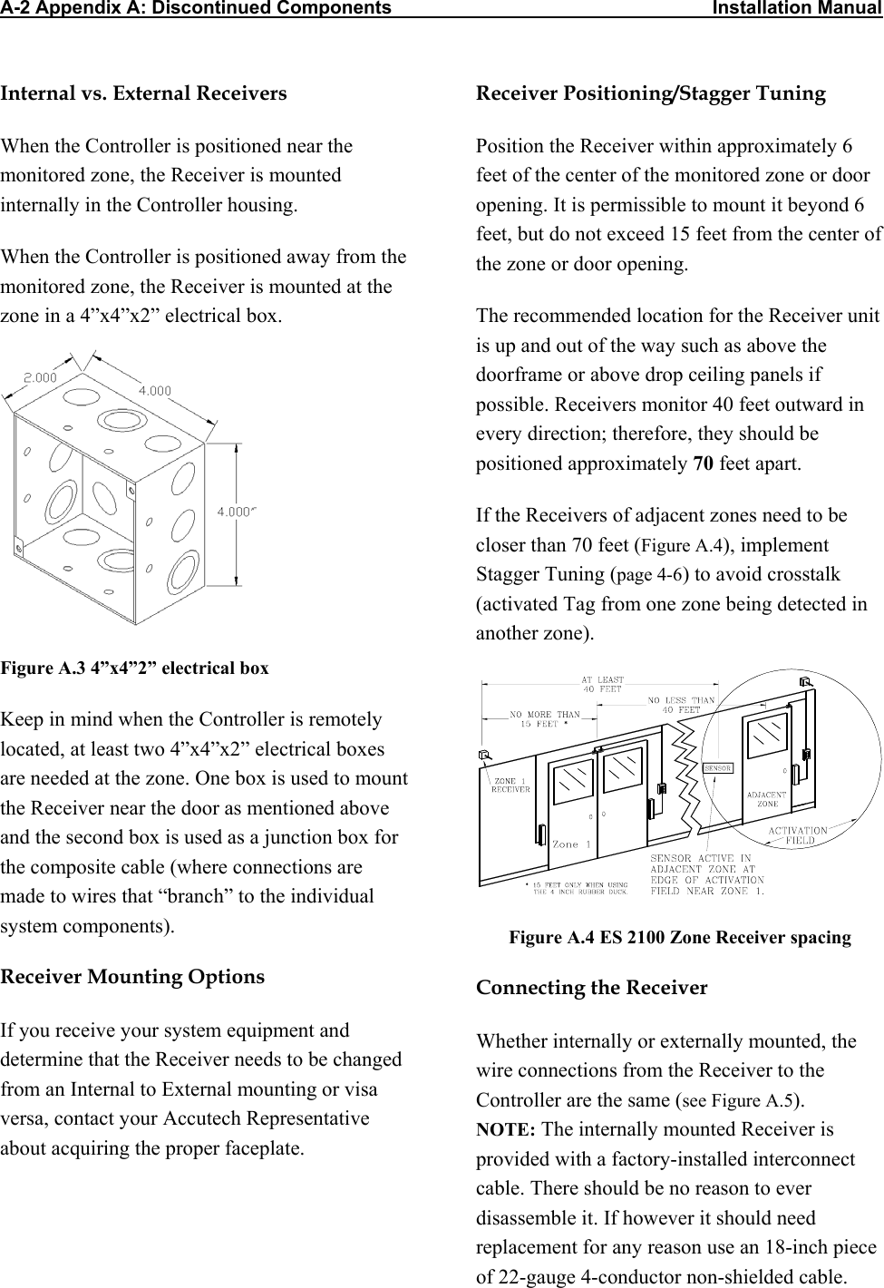 A-2 Appendix A: Discontinued Components                                                             Installation Manual           Internal vs. External Receivers When the Controller is positioned near the monitored zone, the Receiver is mounted internally in the Controller housing. When the Controller is positioned away from the monitored zone, the Receiver is mounted at the zone in a 4”x4”x2” electrical box.   Figure A.3 4”x4”2” electrical box Keep in mind when the Controller is remotely located, at least two 4”x4”x2” electrical boxes are needed at the zone. One box is used to mount the Receiver near the door as mentioned above and the second box is used as a junction box for the composite cable (where connections are made to wires that “branch” to the individual system components). Receiver Mounting Options If you receive your system equipment and determine that the Receiver needs to be changed from an Internal to External mounting or visa versa, contact your Accutech Representative about acquiring the proper faceplate. Receiver Positioning/Stagger Tuning Position the Receiver within approximately 6 feet of the center of the monitored zone or door opening. It is permissible to mount it beyond 6 feet, but do not exceed 15 feet from the center of the zone or door opening.  The recommended location for the Receiver unit is up and out of the way such as above the  doorframe or above drop ceiling panels if possible. Receivers monitor 40 feet outward in every direction; therefore, they should be positioned approximately 70 feet apart.  If the Receivers of adjacent zones need to be closer than 70 feet (Figure A.4), implement Stagger Tuning (page 4-6) to avoid crosstalk (activated Tag from one zone being detected in another zone).  Figure A.4 ES 2100 Zone Receiver spacing Connecting the Receiver Whether internally or externally mounted, the wire connections from the Receiver to the Controller are the same (see Figure A.5).  NOTE: The internally mounted Receiver is provided with a factory-installed interconnect cable. There should be no reason to ever disassemble it. If however it should need replacement for any reason use an 18-inch piece of 22-gauge 4-conductor non-shielded cable.