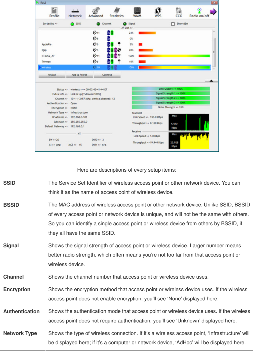   Here are descriptions of every setup items: SSID  The Service Set Identifier of wireless access point or other network device. You can think it as the name of access point of wireless device. BSSID  The MAC address of wireless access point or other network device. Unlike SSID, BSSID of every access point or network device is unique, and will not be the same with others. So you can identify a single access point or wireless device from others by BSSID, if they all have the same SSID. Signal  Shows the signal strength of access point or wireless device. Larger number means better radio strength, which often means you’re not too far from that access point or wireless device. Channel  Shows the channel number that access point or wireless device uses. Encryption  Shows the encryption method that access point or wireless device uses. If the wireless access point does not enable encryption, you’ll see ‘None’ displayed here. Authentication  Shows the authentication mode that access point or wireless device uses. If the wireless access point does not require authentication, you’ll see ‘Unknown’ displayed here. Network Type  Shows the type of wireless connection. If it’s a wireless access point, ‘Infrastructure’ will be displayed here; if it’s a computer or network device, ‘AdHoc’ will be displayed here.  