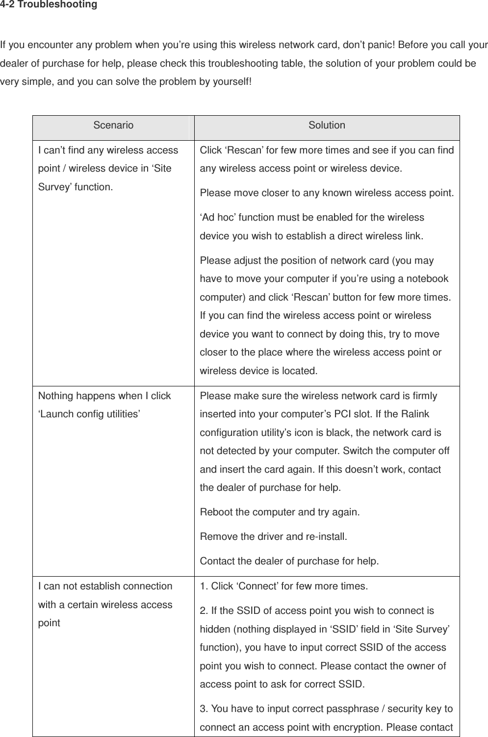 4-2 Troubleshooting  If you encounter any problem when you’re using this wireless network card, don’t panic! Before you call your dealer of purchase for help, please check this troubleshooting table, the solution of your problem could be very simple, and you can solve the problem by yourself!  Scenario  Solution I can’t find any wireless access point / wireless device in ‘Site Survey’ function. Click ‘Rescan’ for few more times and see if you can find any wireless access point or wireless device. Please move closer to any known wireless access point. ‘Ad hoc’ function must be enabled for the wireless device you wish to establish a direct wireless link. Please adjust the position of network card (you may have to move your computer if you’re using a notebook computer) and click ‘Rescan’ button for few more times. If you can find the wireless access point or wireless device you want to connect by doing this, try to move closer to the place where the wireless access point or wireless device is located. Nothing happens when I click ‘Launch config utilities’ Please make sure the wireless network card is firmly inserted into your computer’s PCI slot. If the Ralink configuration utility’s icon is black, the network card is not detected by your computer. Switch the computer off and insert the card again. If this doesn’t work, contact the dealer of purchase for help. Reboot the computer and try again. Remove the driver and re-install. Contact the dealer of purchase for help. I can not establish connection with a certain wireless access point 1. Click ‘Connect’ for few more times. 2. If the SSID of access point you wish to connect is hidden (nothing displayed in ‘SSID’ field in ‘Site Survey’ function), you have to input correct SSID of the access point you wish to connect. Please contact the owner of access point to ask for correct SSID. 3. You have to input correct passphrase / security key to connect an access point with encryption. Please contact 
