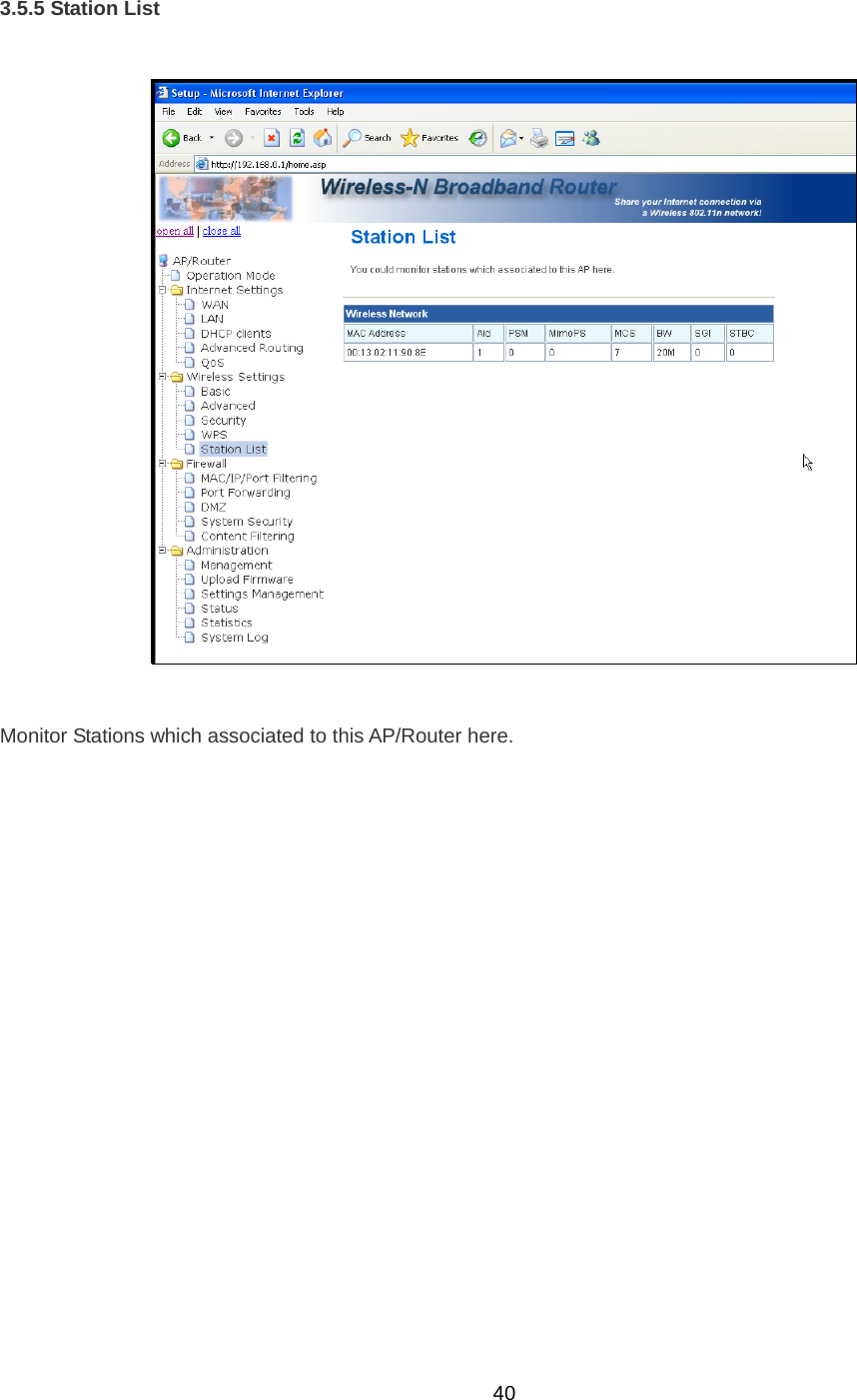  403.5.5 Station List    Monitor Stations which associated to this AP/Router here.   