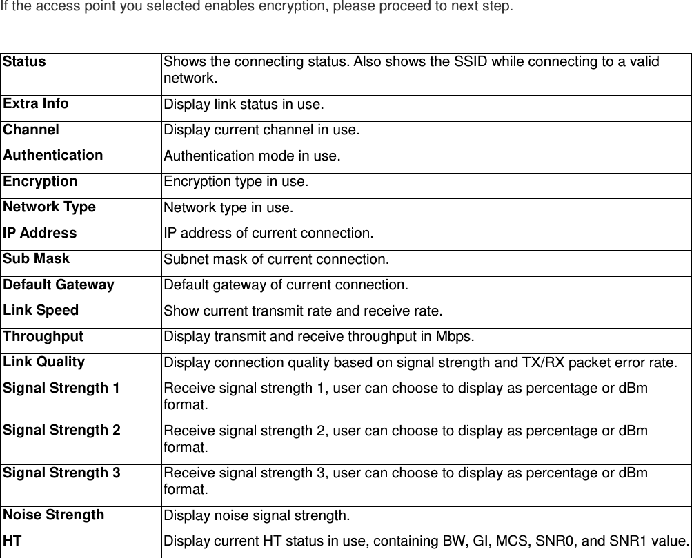 If the access point you selected enables encryption, please proceed to next step.  Status  Shows the connecting status. Also shows the SSID while connecting to a valid network. Extra Info  Display link status in use. Channel  Display current channel in use.   Authentication  Authentication mode in use. Encryption  Encryption type in use. Network Type  Network type in use. IP Address  IP address of current connection. Sub Mask  Subnet mask of current connection. Default Gateway  Default gateway of current connection. Link Speed  Show current transmit rate and receive rate. Throughput  Display transmit and receive throughput in Mbps. Link Quality  Display connection quality based on signal strength and TX/RX packet error rate. Signal Strength 1  Receive signal strength 1, user can choose to display as percentage or dBm format. Signal Strength 2  Receive signal strength 2, user can choose to display as percentage or dBm format. Signal Strength 3  Receive signal strength 3, user can choose to display as percentage or dBm format. Noise Strength  Display noise signal strength. HT Display current HT status in use, containing BW, GI, MCS, SNR0, and SNR1 value.  