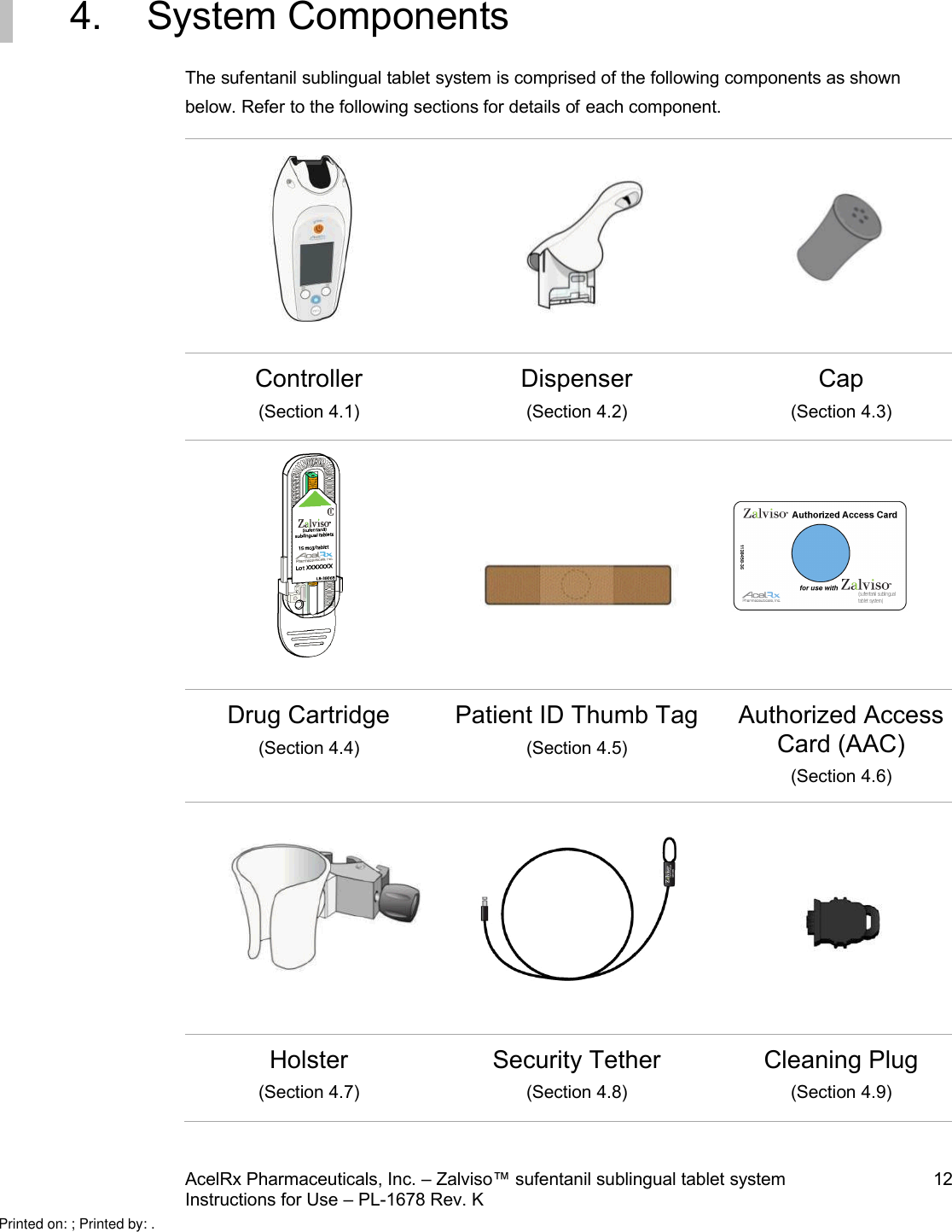 AcelRx Pharmaceuticals, Inc. –Zalviso™ sufentanil sublingual tablet system 12Instructions for Use –PL-1678 Rev. K 4. System ComponentsThe sufentanil sublingual tablet system is comprised of the following components as shown below. Refer to the following sections for details of each component.Controller(Section 4.1)Dispenser(Section 4.2)Cap(Section 4.3)Drug Cartridge(Section 4.4)Patient ID Thumb Tag(Section 4.5)Authorized Access Card (AAC)(Section 4.6)Holster(Section 4.7)Security Tether(Section 4.8)Cleaning Plug(Section 4.9)Printed on: ; Printed by: .