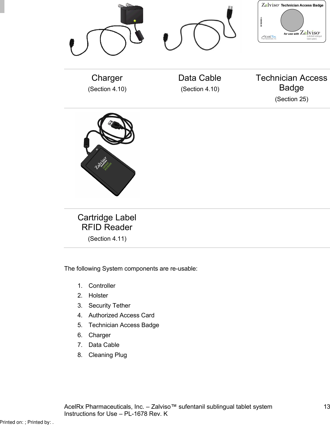 AcelRx Pharmaceuticals, Inc. –Zalviso™ sufentanil sublingual tablet system 13Instructions for Use –PL-1678 Rev. K Charger(Section 4.10)Data Cable(Section 4.10)Technician Access Badge(Section 25)Cartridge Label RFID Reader(Section 4.11)The following System components are re-usable:1. Controller2. Holster3. Security Tether4. Authorized Access Card5. Technician Access Badge6. Charger7. Data Cable8. Cleaning PlugPrinted on: ; Printed by: .
