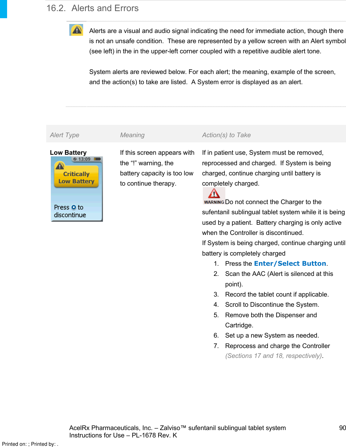 AcelRx Pharmaceuticals, Inc. –Zalviso™ sufentanil sublingual tablet system 90Instructions for Use –PL-1678 Rev. K 16.2. Alerts and ErrorsAlerts are a visual and audio signal indicating the need for immediate action, though there is not an unsafe condition. These are represented by a yellow screen with an Alert symbol (see left)in the in the upper-left corner coupled with a repetitive audible alert tone.System alerts are reviewed below. For each alert; the meaning, example of the screen,and the action(s) to take are listed.  A System error is displayed as an alert.Alert Type Meaning Action(s) to TakeLow Battery If this screen appears with the “!” warning, the battery capacity is too low to continue therapy.If in patient use, System must be removed, reprocessed and charged.  If System is being charged, continue charging until battery is completely charged.Do not connect the Charger to the sufentanil sublingual tablet system while it is being used by a patient.  Battery charging is only active when the Controller is discontinued.If System is being charged, continue charging until battery is completely charged1. Press the Enter/Select Button.2. Scan the AAC (Alert is silenced at this point).3. Record the tablet count if applicable.4. Scroll to Discontinue the System.5. Remove both the Dispenser and Cartridge.6. Set up a new System as needed.7. Reprocess and charge the Controller (Sections 17 and 18, respectively).Printed on: ; Printed by: .