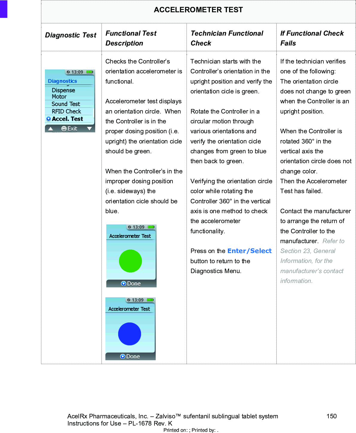 AcelRx Pharmaceuticals, Inc. –Zalviso™ sufentanil sublingual tablet system 150Instructions for Use –PL-1678 Rev. K ACCELEROMETER TESTDiagnostic Test Functional Test DescriptionTechnician Functional CheckIf Functional Check FailsChecks the Controller’s orientation accelerometer is functional.Accelerometer test displays an orientation circle.  When the Controller is in the proper dosing position (i.e. upright) the orientation cicle should be green.When the Controller’s in the improper dosing position (i.e. sideways) the orientation cicle should be blue.Technician starts with the Controller’s orientation in the upright position and verify the orientation cicle is green.Rotate the Controller in a circular motion through various orientations and verify the orientation cicle changes from green to blue then back to green.  Verifying the orientation circle color while rotating the  Controller 360° in the vertical axis is one method to check the accelerometer functionality.Press on the Enter/Selectbutton to return to the Diagnostics Menu.If the technician verifies one of the following:The orientation circle does not change to green when the Controller is an upright position.When the Controller is rotated 360° in the vertical axis the orientation circle does not change color.Then the Accelerometer Test has failed.Contact the manufacturer to arrange the return of the Controller to the manufacturer.  Refer to Section 23, General Information, for the manufacturer’s contact information.Printed on: ; Printed by: .