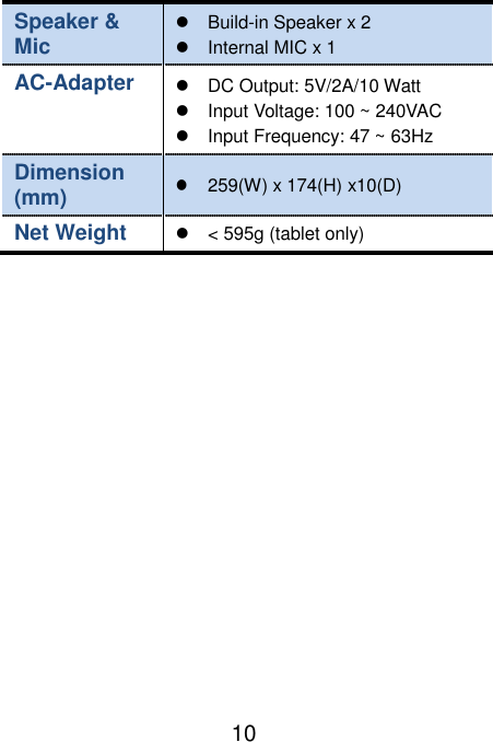                               10 Speaker &amp; Mic     Build-in Speaker x 2   Internal MIC x 1 AC-Adapter      DC Output: 5V/2A/10 Watt   Input Voltage: 100 ~ 240VAC   Input Frequency: 47 ~ 63Hz Dimension (mm)  259(W) x 174(H) x10(D)   Net Weight  &lt; 595g (tablet only)      