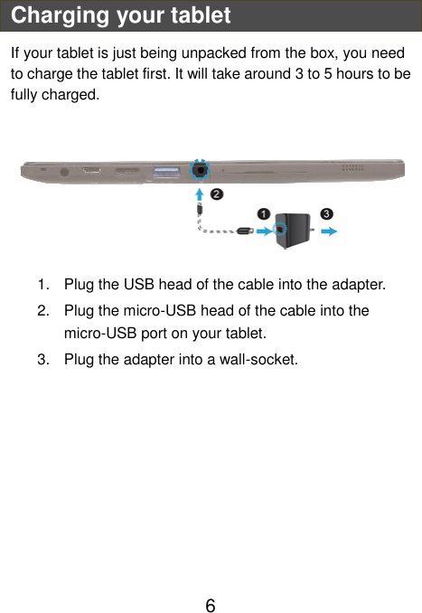                               6 Charging your tablet If your tablet is just being unpacked from the box, you need to charge the tablet first. It will take around 3 to 5 hours to be fully charged.      1.  Plug the USB head of the cable into the adapter. 2.  Plug the micro-USB head of the cable into the micro-USB port on your tablet. 3.  Plug the adapter into a wall-socket.    