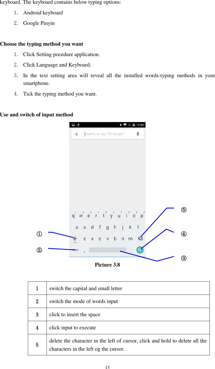      15 keyboard. The keyboard contains below typing options: 1. Android keyboard 2. Google Pinyin        Choose the typing method you want 1. Click Setting pocedure application. 2. Click Language and Keyboard. 3. In  the  text  setting  area  will  reveal  all  the  installed  words-typing  methods  in  your smartphone.   4. Tick the typing method you want.  Use and switch of input method  Picture 3.8  1 switch the capital and small letter   2 switch the mode of words input   3 click to insert the space 4 click input to execute 5 delete the character in the left of cursor, click and hold to delete all the characters in the left og the cursor. ① ② ③3 ⑤ ④ 