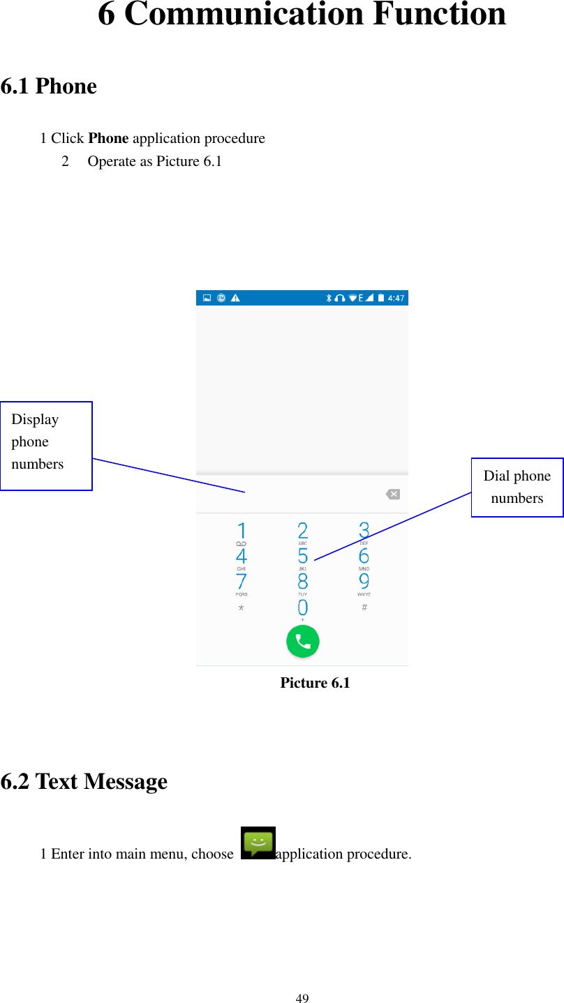      49 6 Communication Function 6.1 Phone 1 Click Phone application procedure 2 Operate as Picture 6.1       Picture 6.1   6.2 Text Message 1 Enter into main menu, choose  application procedure.       Display phone numbers Dial phone numbers 