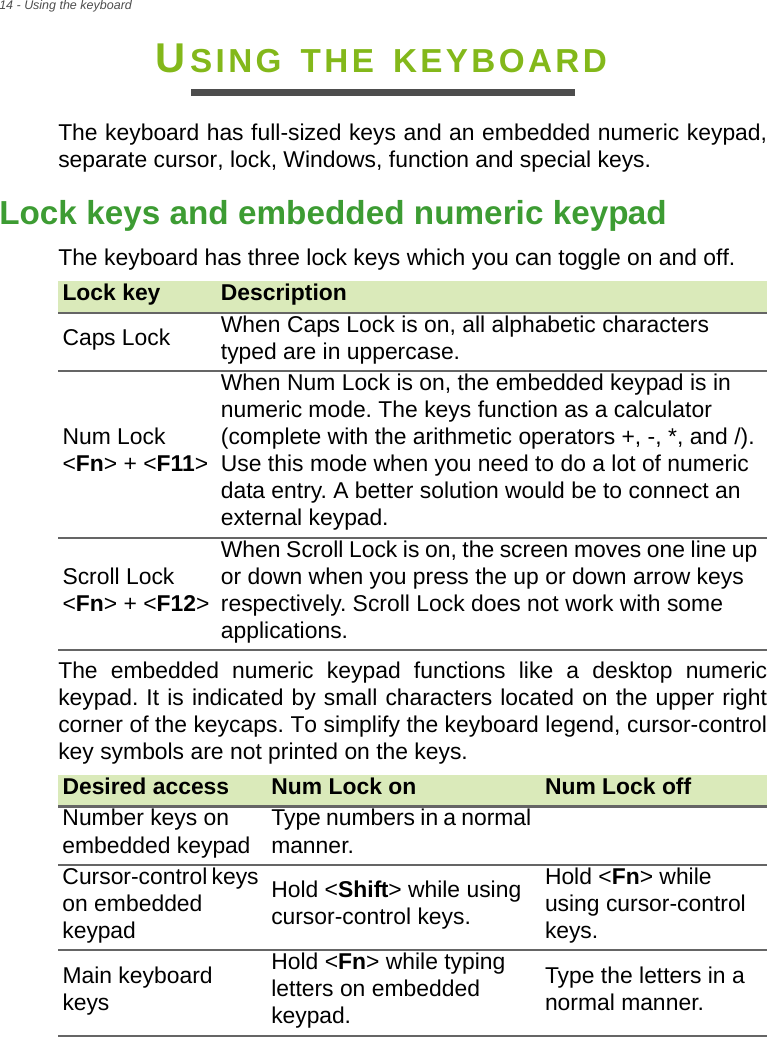 14 - Using the keyboardUSING THE KEYBOARDThe keyboard has full-sized keys and an embedded numeric keypad, separate cursor, lock, Windows, function and special keys.Lock keys and embedded numeric keypadThe keyboard has three lock keys which you can toggle on and off.The embedded numeric keypad functions like a desktop numeric keypad. It is indicated by small characters located on the upper right corner of the keycaps. To simplify the keyboard legend, cursor-control key symbols are not printed on the keys.Lock key DescriptionCaps Lock When Caps Lock is on, all alphabetic characters typed are in uppercase.Num Lock  &lt;Fn&gt; + &lt;F11&gt;When Num Lock is on, the embedded keypad is in numeric mode. The keys function as a calculator (complete with the arithmetic operators +, -, *, and /). Use this mode when you need to do a lot of numeric data entry. A better solution would be to connect an external keypad.Scroll Lock  &lt;Fn&gt; + &lt;F12&gt;When Scroll Lock is on, the screen moves one line up or down when you press the up or down arrow keys respectively. Scroll Lock does not work with some applications.Desired access Num Lock on Num Lock offNumber keys on embedded keypad Type numbers in a normal manner.Cursor-control keys on embedded keypadHold &lt;Shift&gt; while using cursor-control keys.Hold &lt;Fn&gt; while using cursor-control keys.Main keyboard keysHold &lt;Fn&gt; while typing letters on embedded keypad.Type the letters in a normal manner.