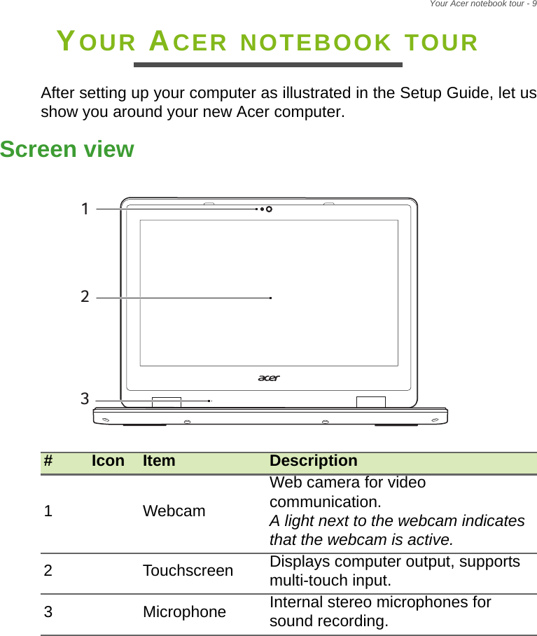 Your Acer notebook tour - 9YOUR ACER NOTEBOOK TOURAfter setting up your computer as illustrated in the Setup Guide, let us show you around your new Acer computer.Screen view#Icon Item Description1WebcamWeb camera for video communication. A light next to the webcam indicates that the webcam is active.2Touchscreen Displays computer output, supports multi-touch input.3Microphone Internal stereo microphones for sound recording.123