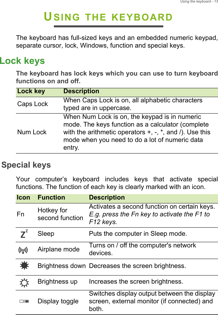 Using the keyboard - 13USING THE KEYBOARDThe keyboard has full-sized keys and an embedded numeric keypad,separate cursor, lock, Windows, function and special keys.Lock keysThe keyboard has lock keys which you can use to turn keyboardfunctions on and off.Special keysYour  computer’s  keyboard  includes  keys  that  activate  specialfunctions. The function of each key is clearly marked with an icon. Lock key DescriptionCaps Lock When Caps Lock is on, all alphabetic characters typed are in uppercase.Num LockWhen Num Lock is on, the keypad is in numeric mode. The keys function as a calculator (complete with the arithmetic operators +, -, *, and /). Use this mode when you need to do a lot of numeric data entry.Icon Function DescriptionFn Hotkey for second functionActivates a second function on certain keys. E.g. press the Fn key to activate the F1 to F12 keys.Sleep Puts the computer in Sleep mode.Airplane mode Turns on / off the computer&apos;s network devices.Brightness down Decreases the screen brightness.Brightness up Increases the screen brightness.Display toggleSwitches display output between the display screen, external monitor (if connected) and both.