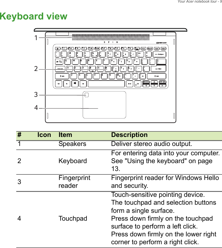 Your Acer notebook tour - 9Keyboard view#Icon Item Description1 Speakers Deliver stereo audio output.2 KeyboardFor entering data into your computer.See &quot;Using the keyboard&quot; on page 13.3Fingerprint readerFingerprint reader for Windows Hello and security.4 TouchpadTouch-sensitive pointing device.The touchpad and selection buttons form a single surface. Press down firmly on the touchpad surface to perform a left click. Press down firmly on the lower right corner to perform a right click.1432