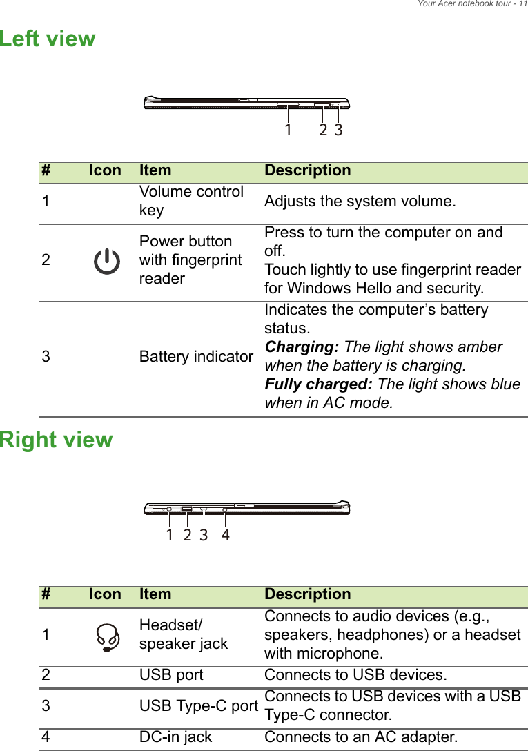 Your Acer notebook tour - 11Left viewRight view#Icon Item Description1Volume control key Adjusts the system volume.2Power button with fingerprint readerPress to turn the computer on and off. Touch lightly to use fingerprint reader for Windows Hello and security.3 Battery indicatorIndicates the computer’s battery status.Charging: The light shows amber when the battery is charging.Fully charged: The light shows blue when in AC mode.#Icon Item Description1Headset/speaker jackConnects to audio devices (e.g., speakers, headphones) or a headset with microphone.2 USB port Connects to USB devices.3 USB Type-C port Connects to USB devices with a USB Type-C connector.4 DC-in jack Connects to an AC adapter.123123 4