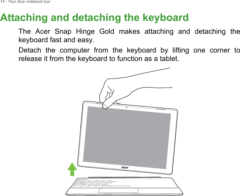 14 - Your Acer notebook tourAttaching and detaching the keyboardThe  Acer  Snap  Hinge  Gold  makes  attaching  and  detaching  thekeyboard fast and easy.Detach  the  computer  from  the  keyboard  by  lifting  one  corner  torelease it from the keyboard to function as a tablet.