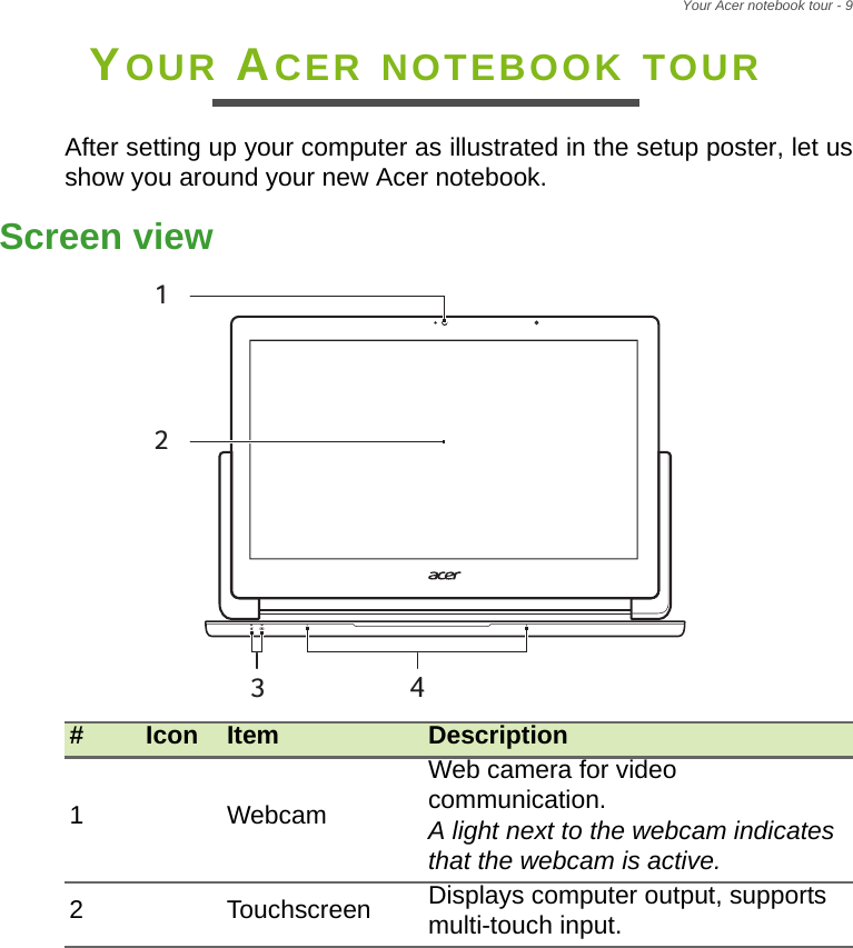 Your Acer notebook tour - 9YOUR ACER NOTEBOOK TOURAfter setting up your computer as illustrated in the setup poster, let us show you around your new Acer notebook.Screen view#Icon Item Description1WebcamWeb camera for video communication.A light next to the webcam indicates that the webcam is active.2Touchscreen Displays computer output, supports multi-touch input.3412