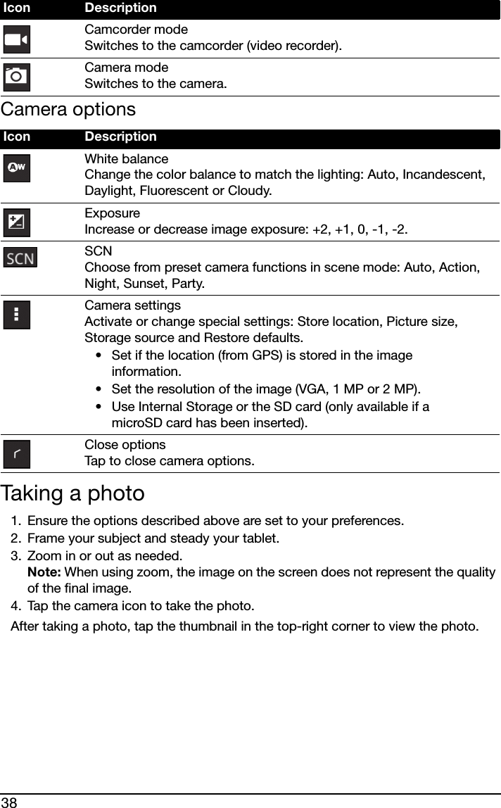 38Camera options• Set if the location (from GPS) is stored in the image information.• Set the resolution of the image (VGA, 1 MP or 2 MP).• Use Internal Storage or the SD card (only available if a microSD card has been inserted).Taking a photo1. Ensure the options described above are set to your preferences.2. Frame your subject and steady your tablet.3. Zoom in or out as needed.  Note: When using zoom, the image on the screen does not represent the quality of the final image.4. Tap the camera icon to take the photo.After taking a photo, tap the thumbnail in the top-right corner to view the photo.Camcorder mode Switches to the camcorder (video recorder).Camera mode Switches to the camera.Icon DescriptionWhite balance Change the color balance to match the lighting: Auto, Incandescent, Daylight, Fluorescent or Cloudy.Exposure Increase or decrease image exposure: +2, +1, 0, -1, -2.SCN Choose from preset camera functions in scene mode: Auto, Action, Night, Sunset, Party.Camera settings Activate or change special settings: Store location, Picture size, Storage source and Restore defaults.Close options Tap to close camera options.Icon Description